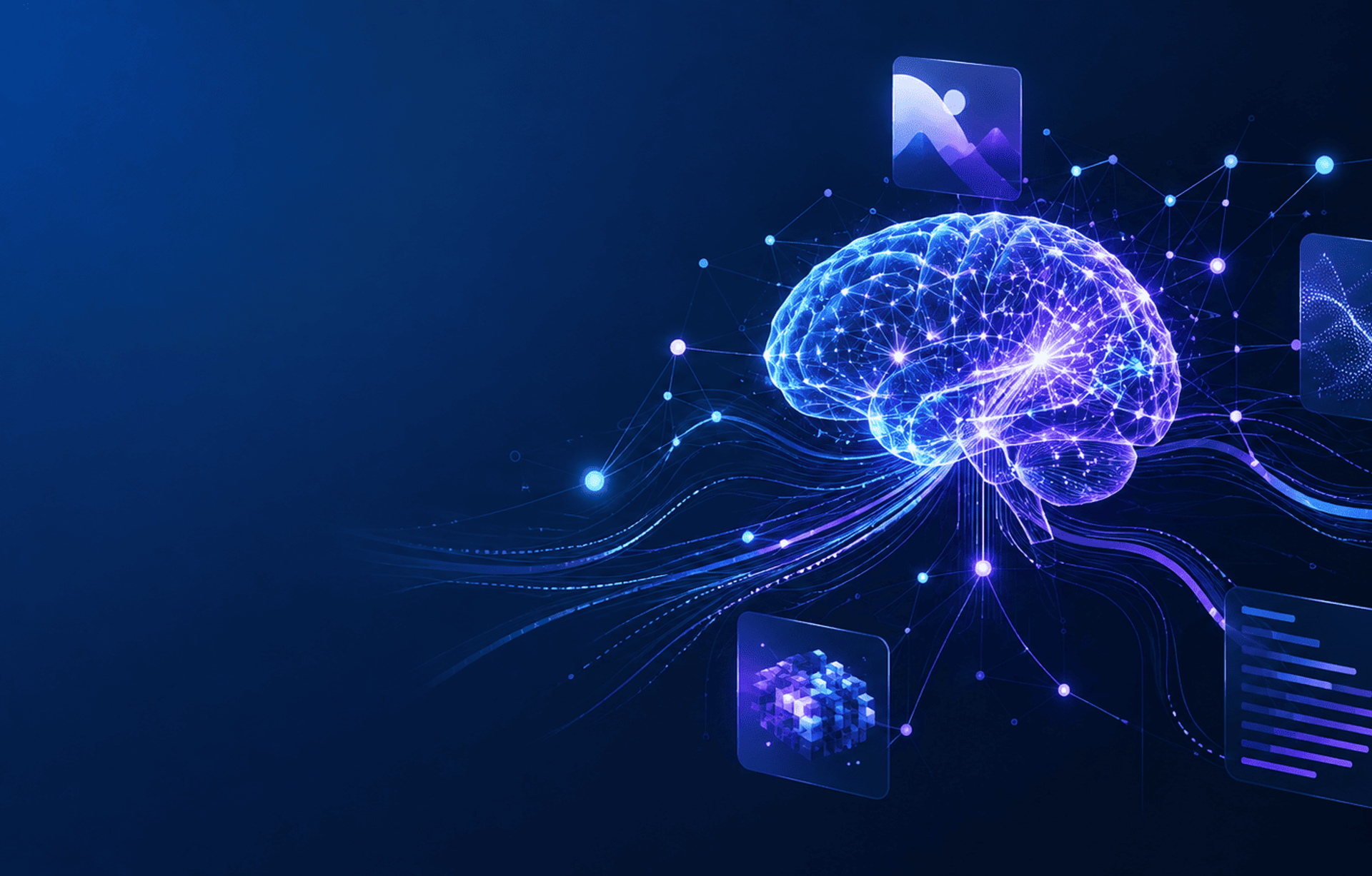 Ilustración de un cerebro de inteligencia artificial conectado a redes de datos, imágenes, código y texto mediante nodos digitales.