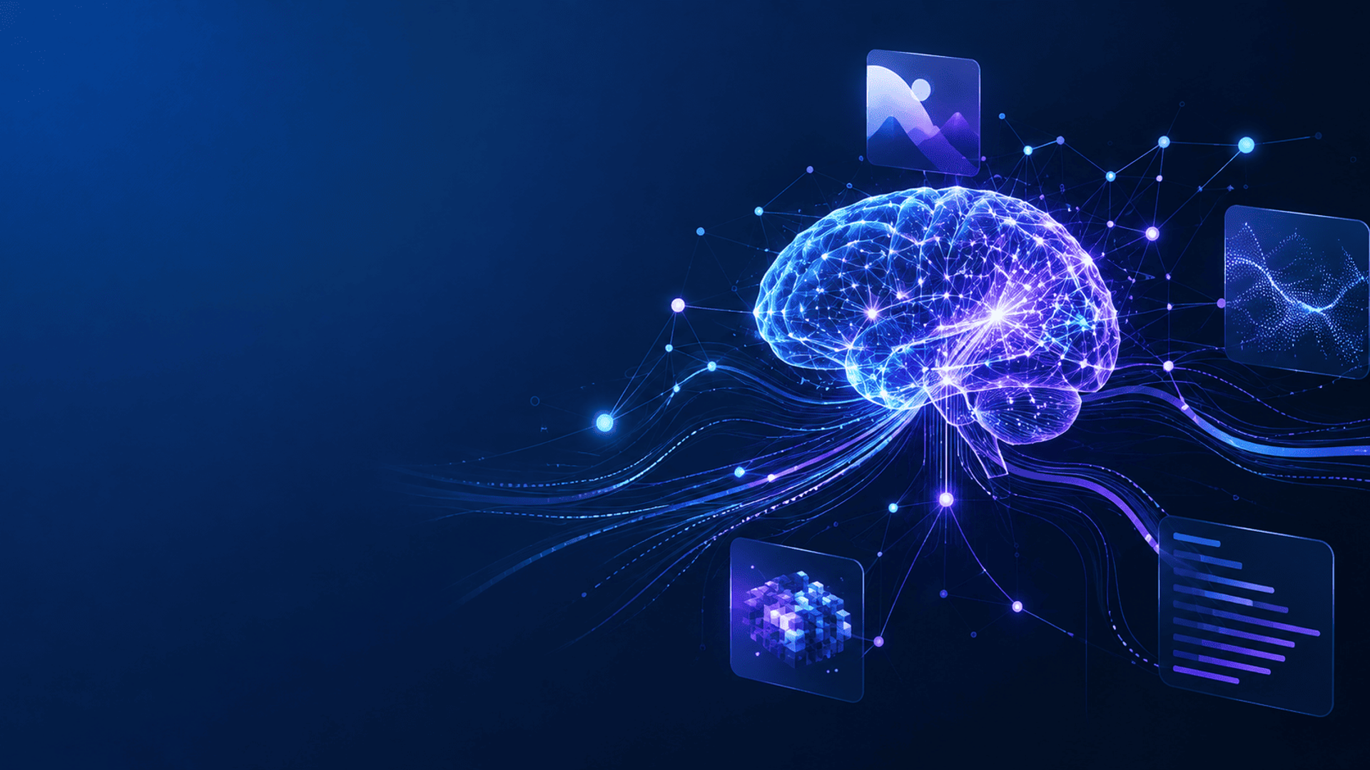 Ilustración de un cerebro de inteligencia artificial conectado a redes de datos, imágenes, código y texto mediante nodos digitales.