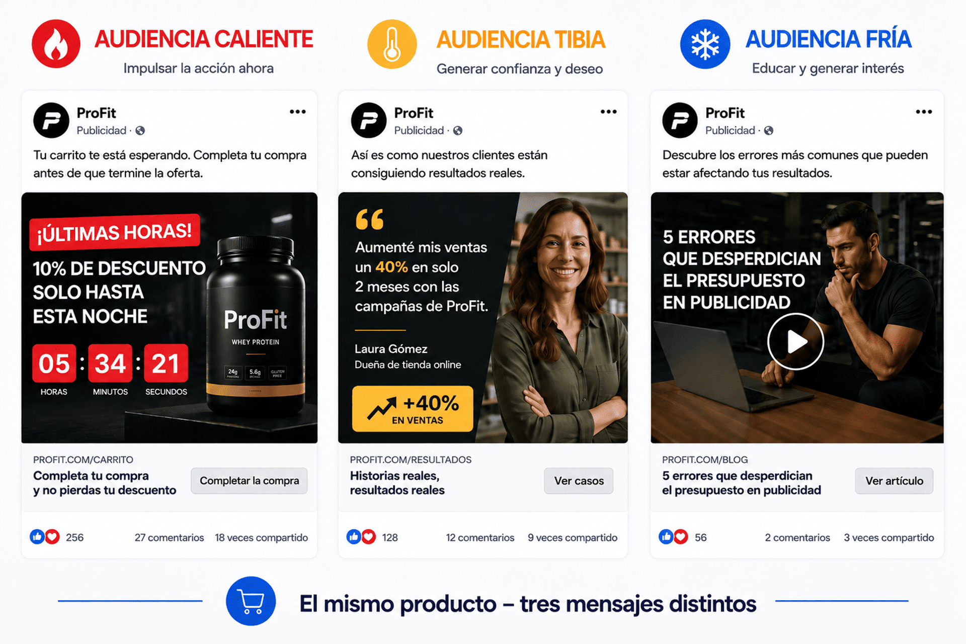 Comparación de creativos Facebook Ads para audiencia fría, tibia y caliente