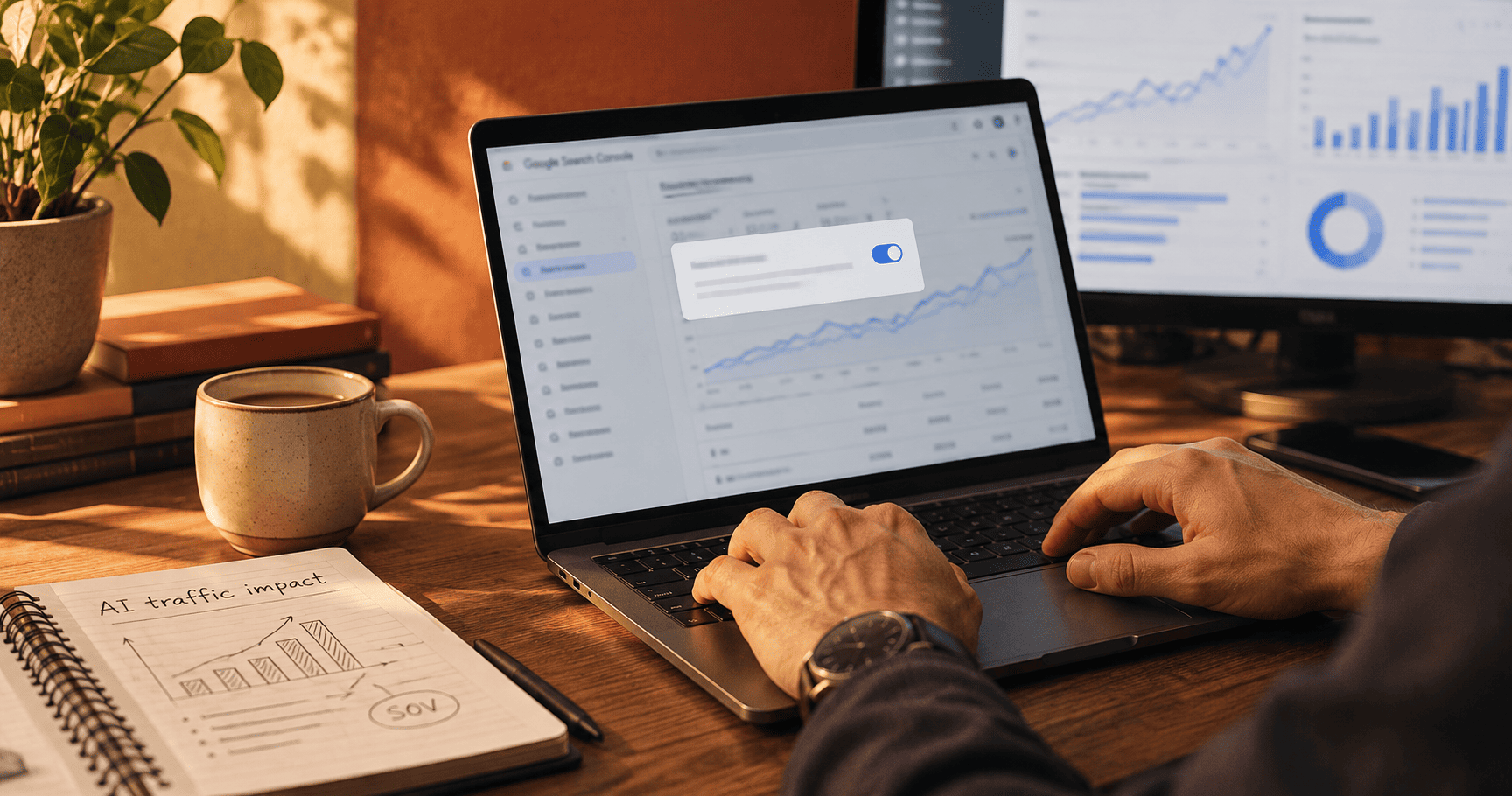 Persona analizando el impacto del tráfico de IA en Google Search Console desde un portátil, con gráficos de analítica, notas y una taza de café en el escritorio.