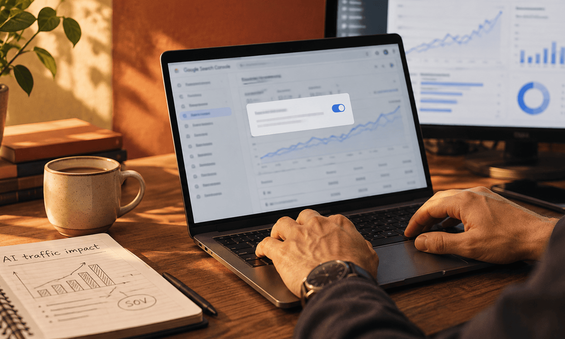 Persona analizando el impacto del tráfico de IA en Google Search Console desde un portátil, con gráficos de analítica, notas y una taza de café en el escritorio.