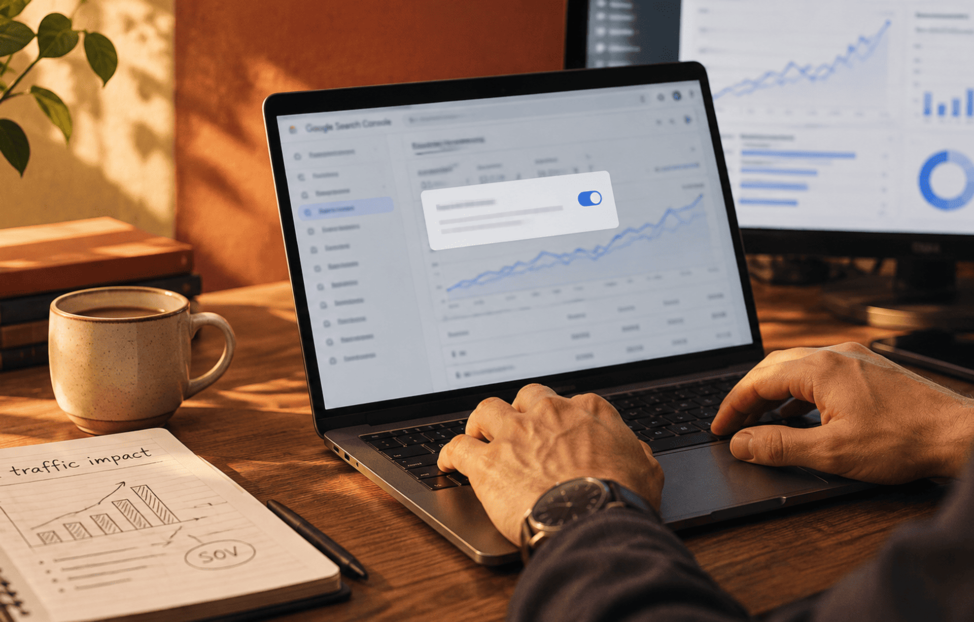 Persona analizando el impacto del tráfico de IA en Google Search Console desde un portátil, con gráficos de analítica, notas y una taza de café en el escritorio.