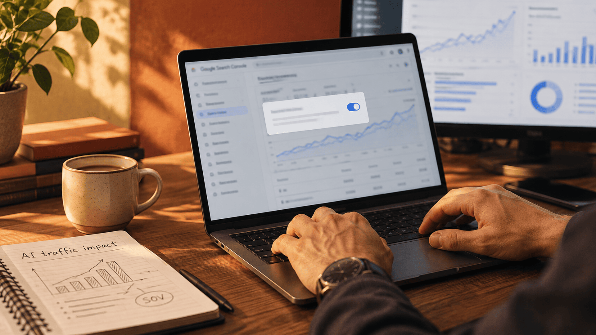 Persona analizando el impacto del tráfico de IA en Google Search Console desde un portátil, con gráficos de analítica, notas y una taza de café en el escritorio.