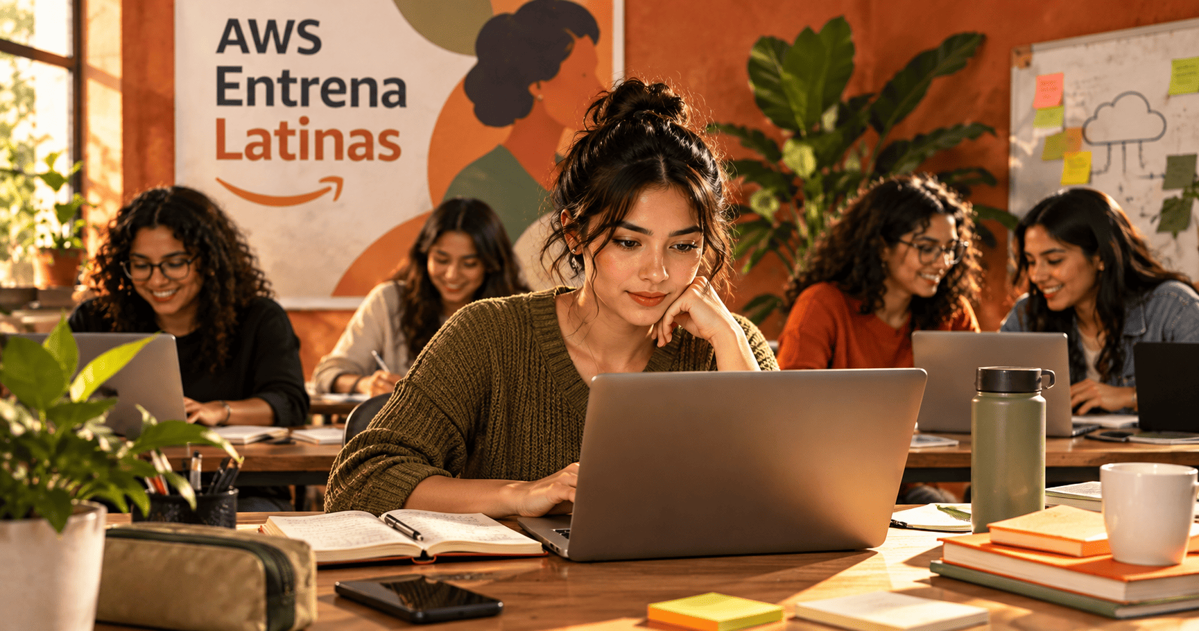 Mujeres latinas participan en una capacitación tecnológica, trabajando con portátiles en un aula comunitaria.