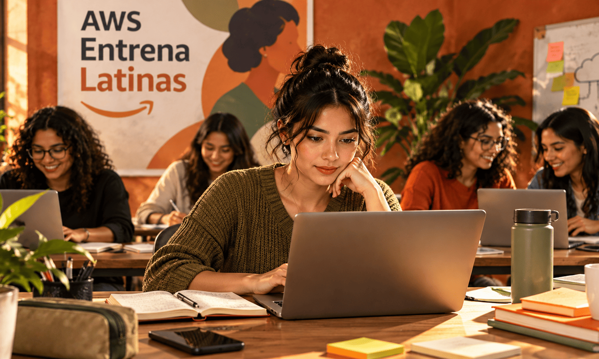 Mujeres latinas participan en una capacitación tecnológica, trabajando con portátiles en un aula comunitaria.