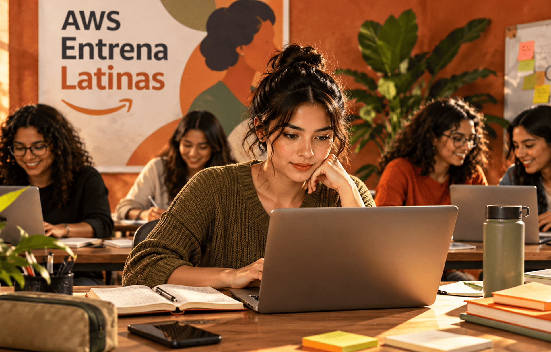 Mujeres latinas participan en una capacitación tecnológica, trabajando con portátiles en un aula comunitaria.