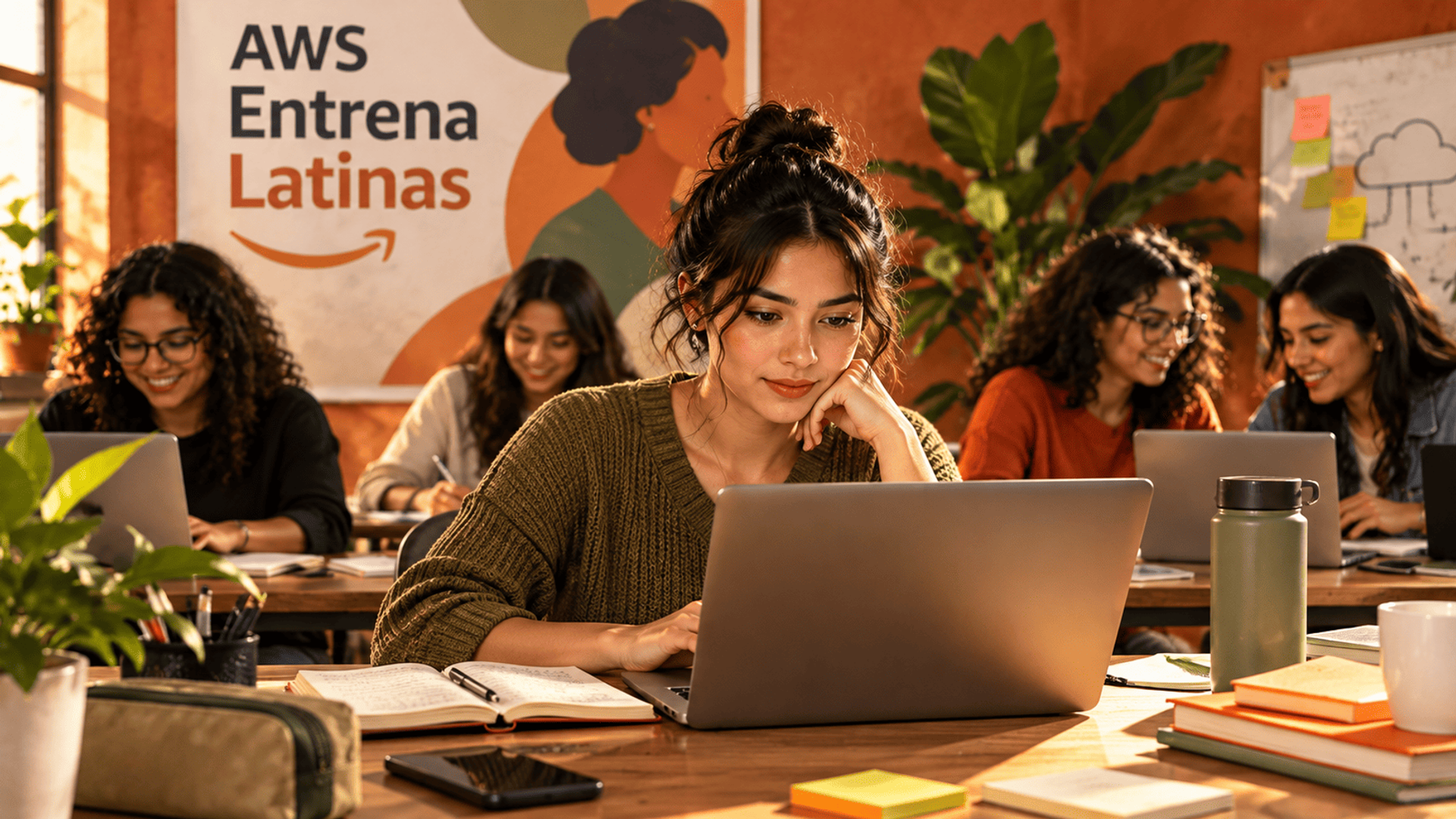 Mujeres latinas participan en una capacitación tecnológica, trabajando con portátiles en un aula comunitaria.