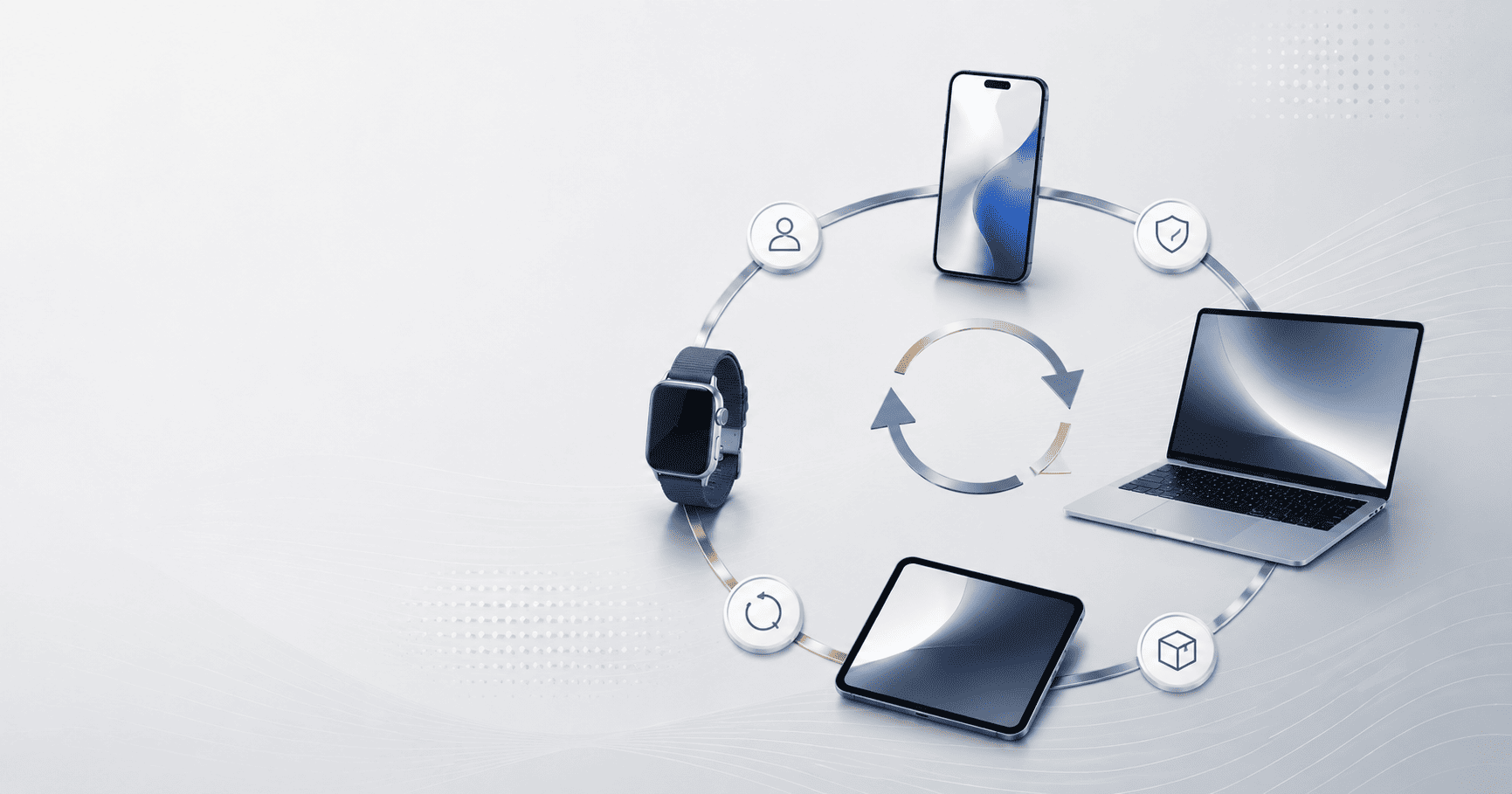 Ilustración del ciclo de alquiler de dispositivos con smartphone, portátil, tableta y reloj inteligente conectados en un flujo circular.