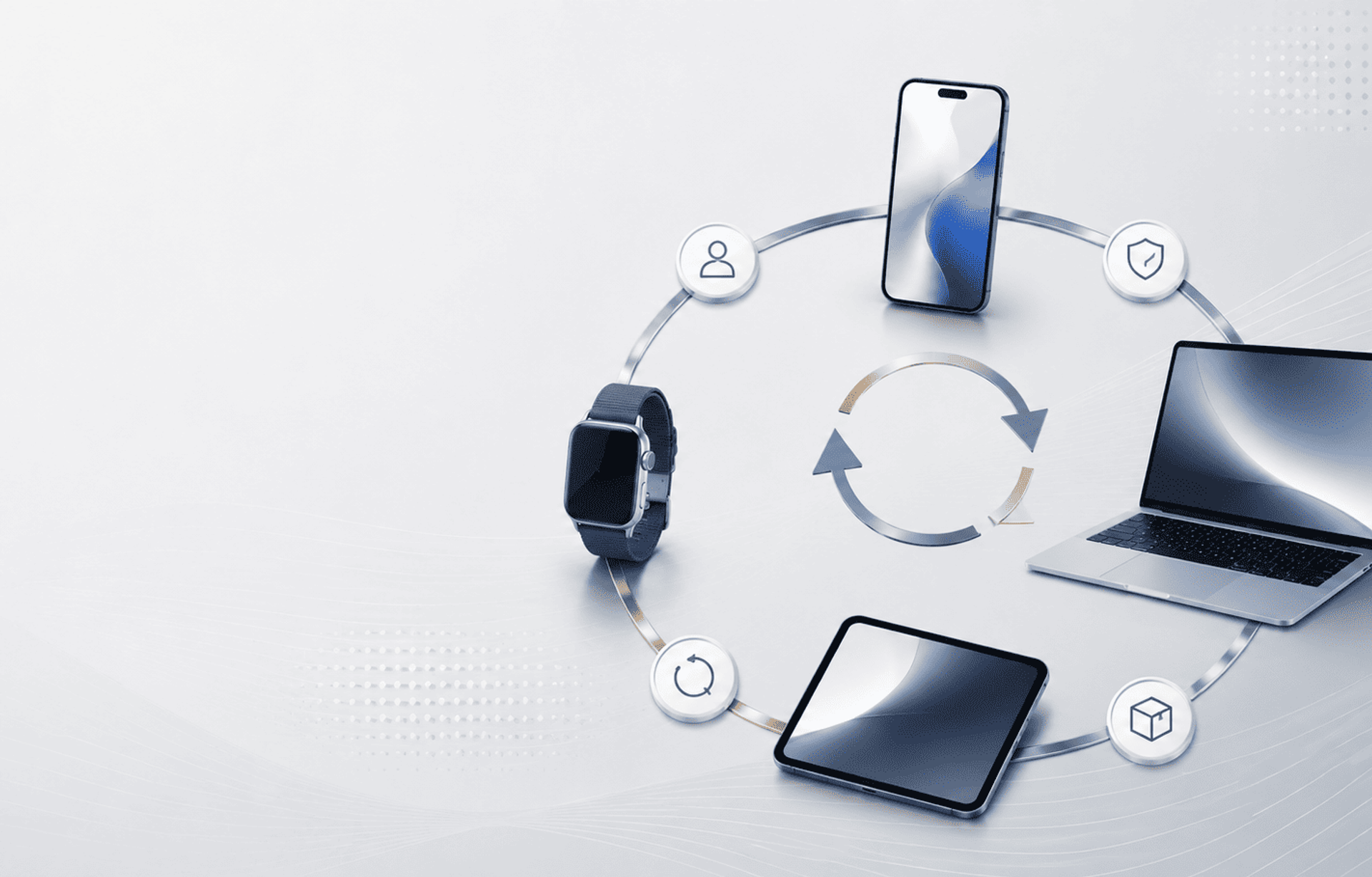 Ilustración del ciclo de alquiler de dispositivos con smartphone, portátil, tableta y reloj inteligente conectados en un flujo circular.