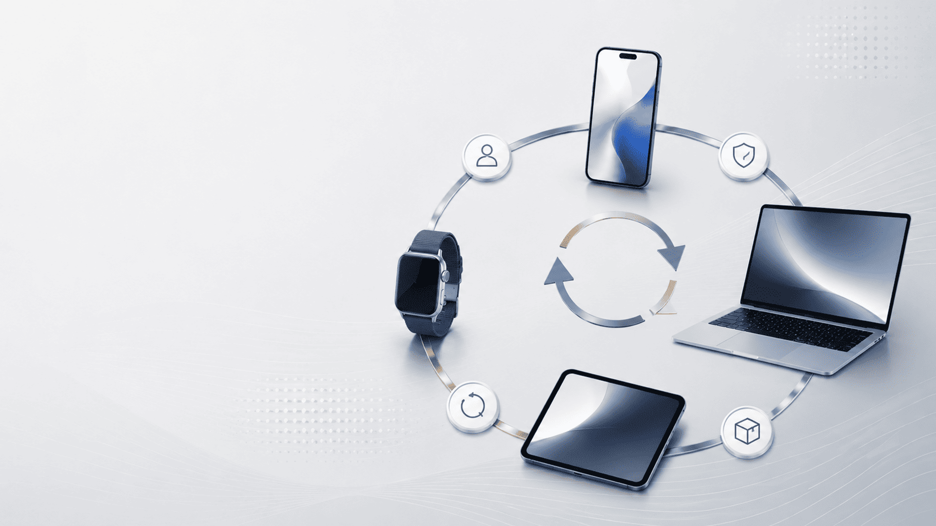 Ilustración del ciclo de alquiler de dispositivos con smartphone, portátil, tableta y reloj inteligente conectados en un flujo circular.