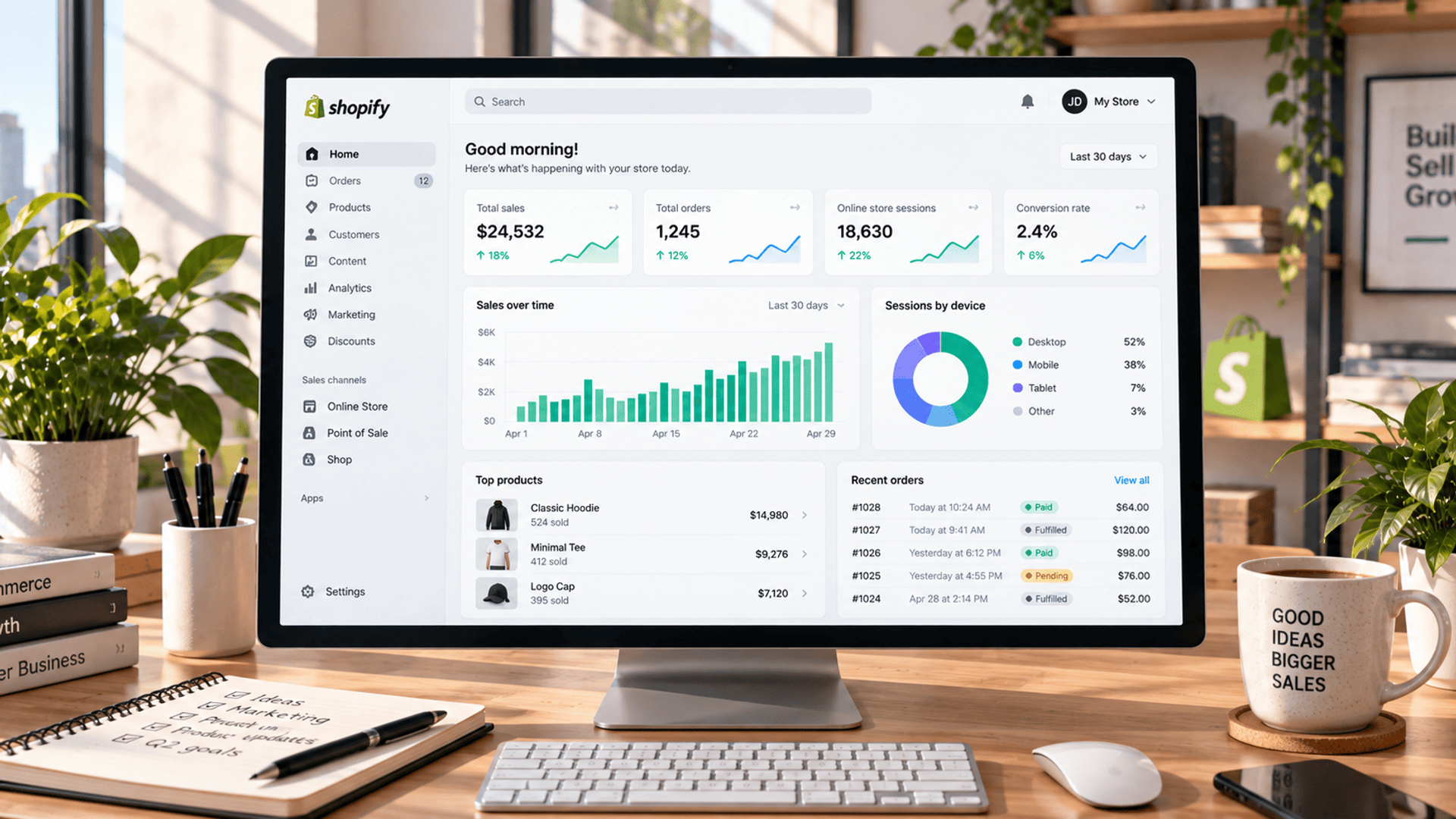 Panel de Shopify con métricas de ventas y rendimiento de una tienda online.