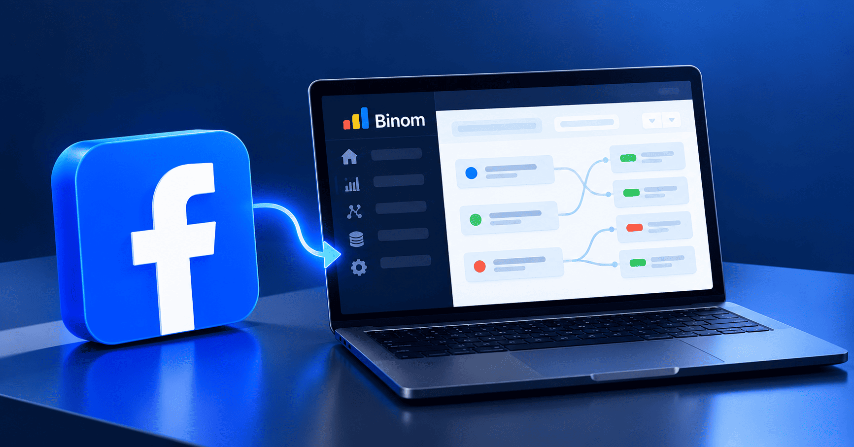 Configuración de campañas de Facebook con Binom desde un panel de seguimiento en un portátil.
