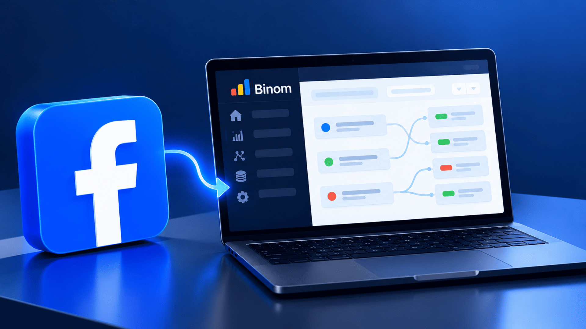 Configuración de campañas de Facebook con Binom desde un panel de seguimiento en un portátil.