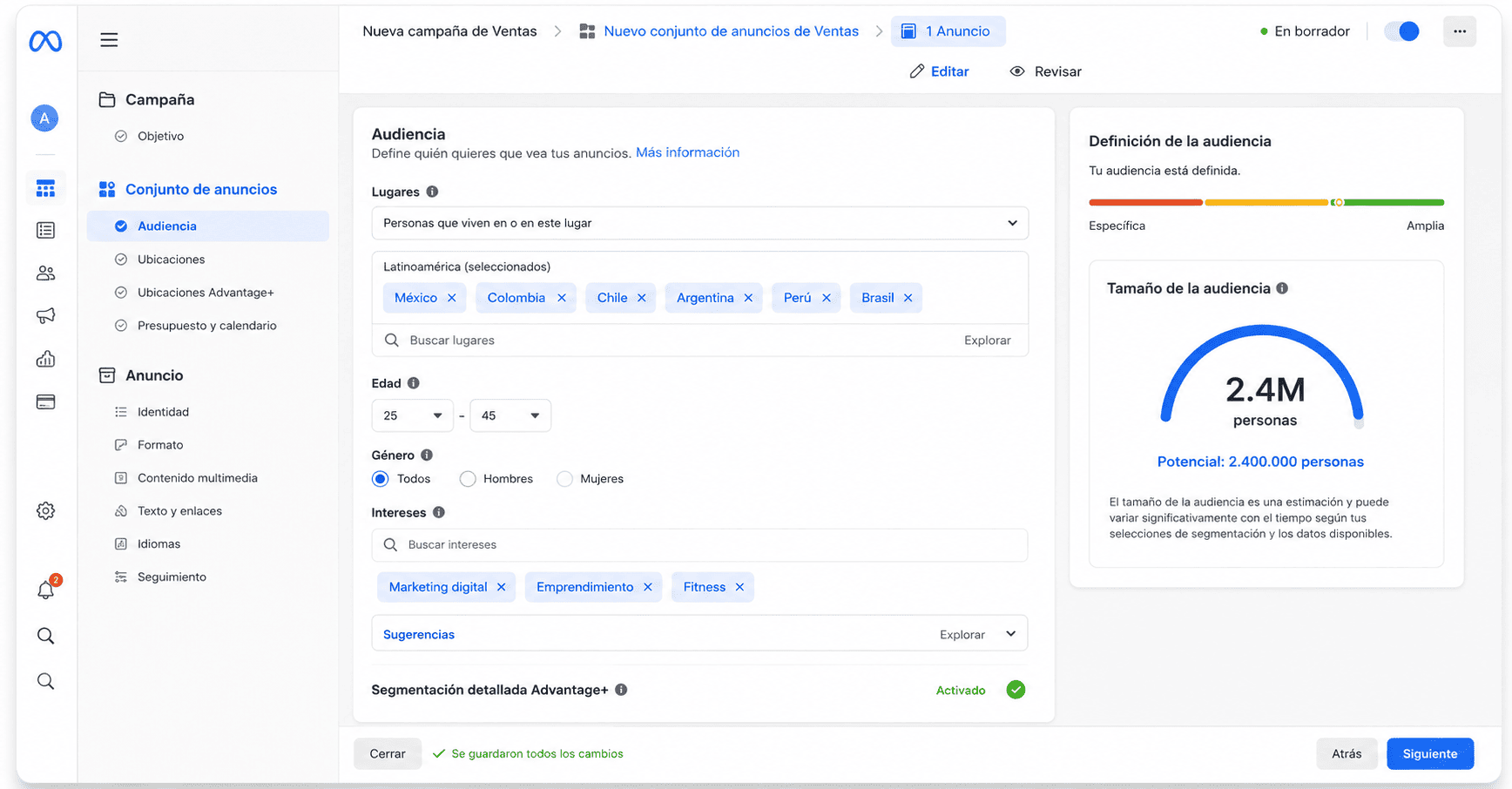 Panel de segmentacion de Facebook Ads Manager.