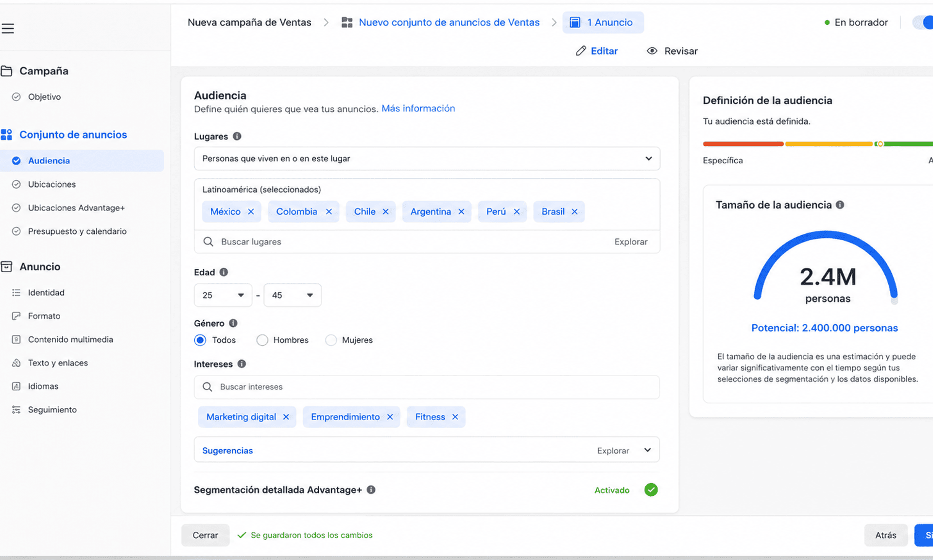 Panel de segmentacion de Facebook Ads Manager.