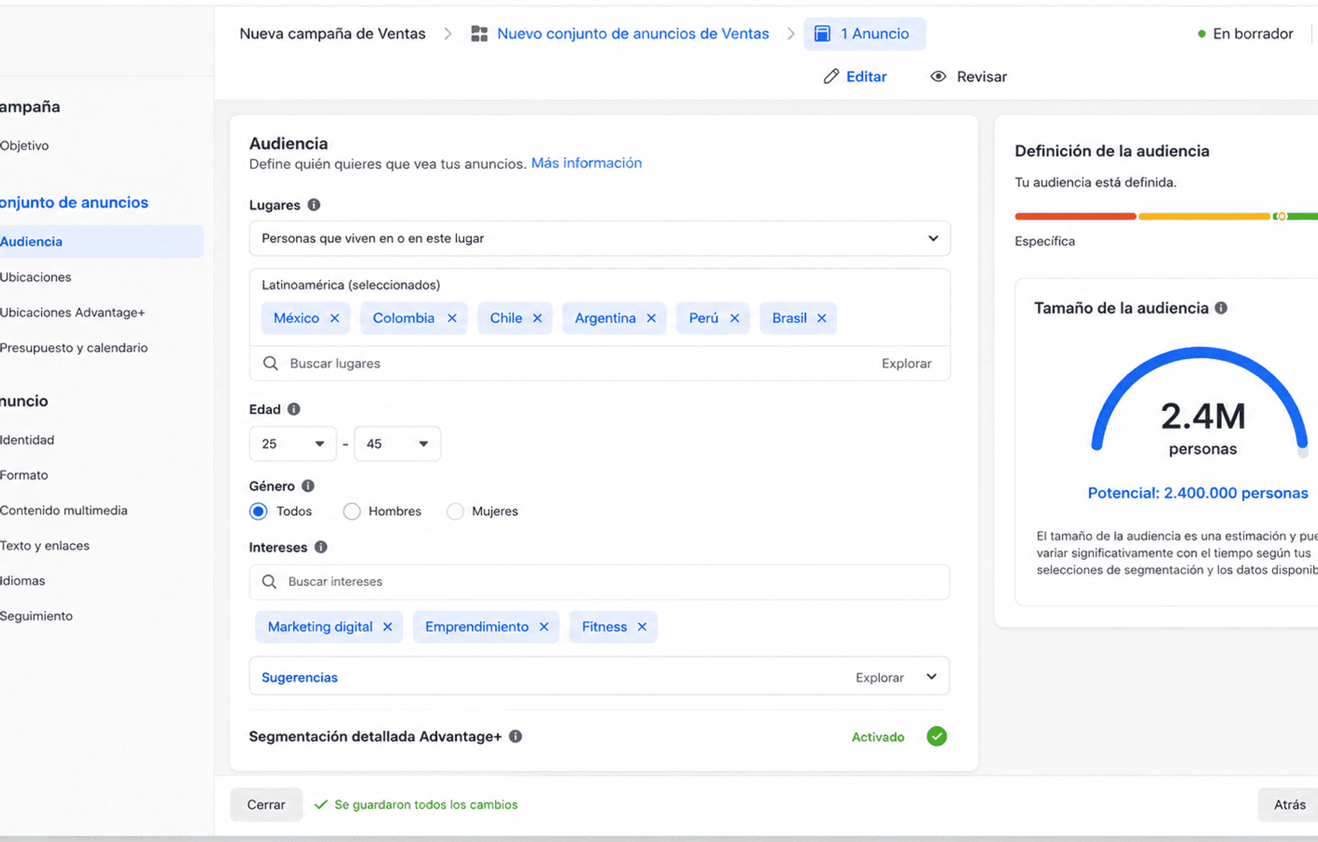 Panel de segmentacion de Facebook Ads Manager.