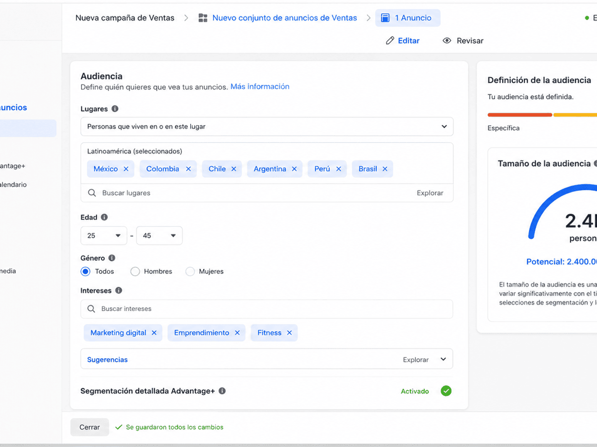 Panel de segmentacion de Facebook Ads Manager.