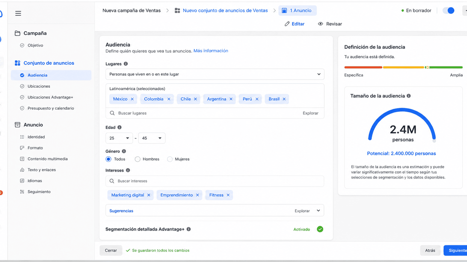 Panel de segmentacion de Facebook Ads Manager.