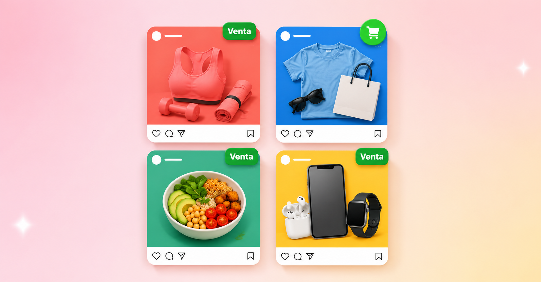 Cuatro anuncios de Instagram con productos de fitness, moda, comida y tecnología, destacados como ventas.