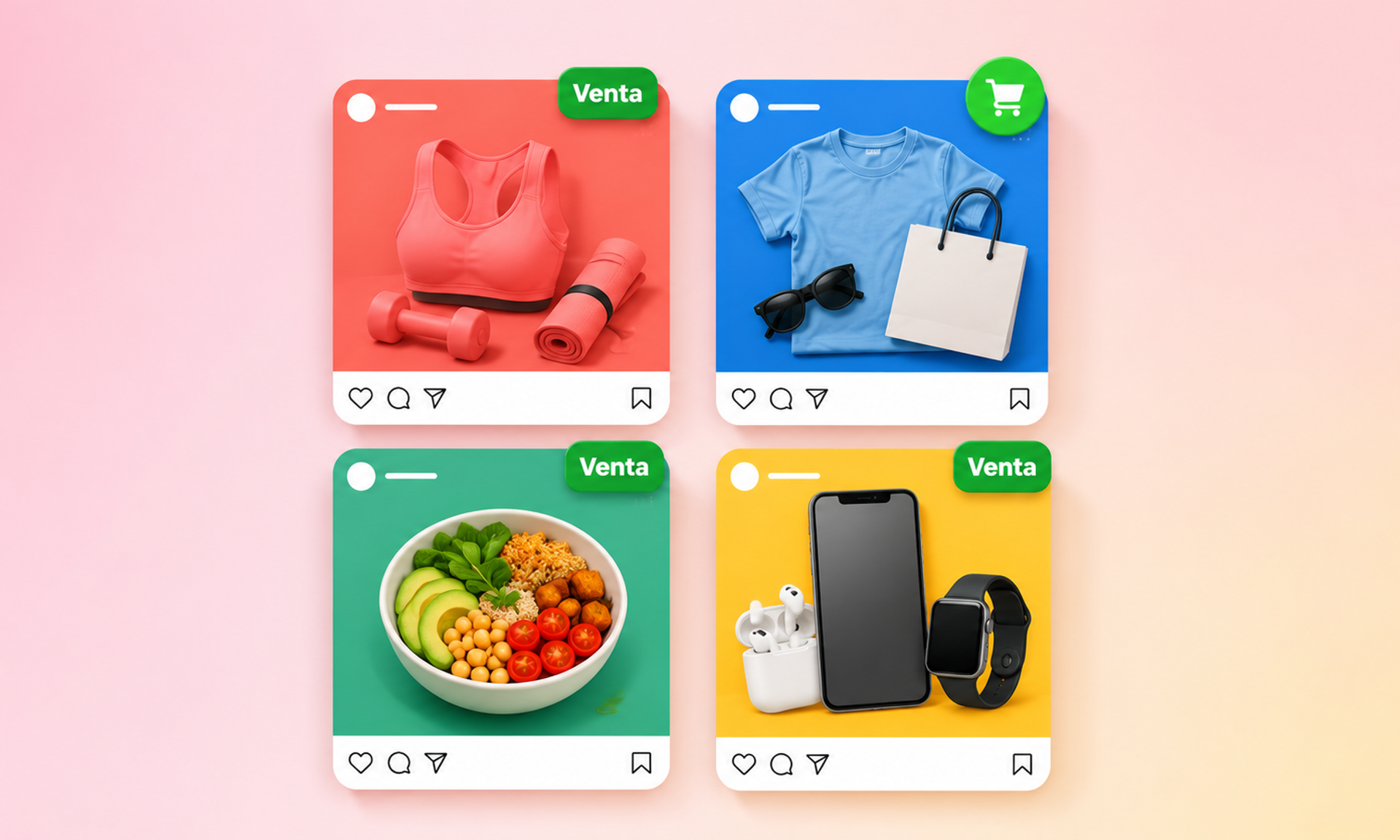 Cuatro anuncios de Instagram con productos de fitness, moda, comida y tecnología, destacados como ventas.