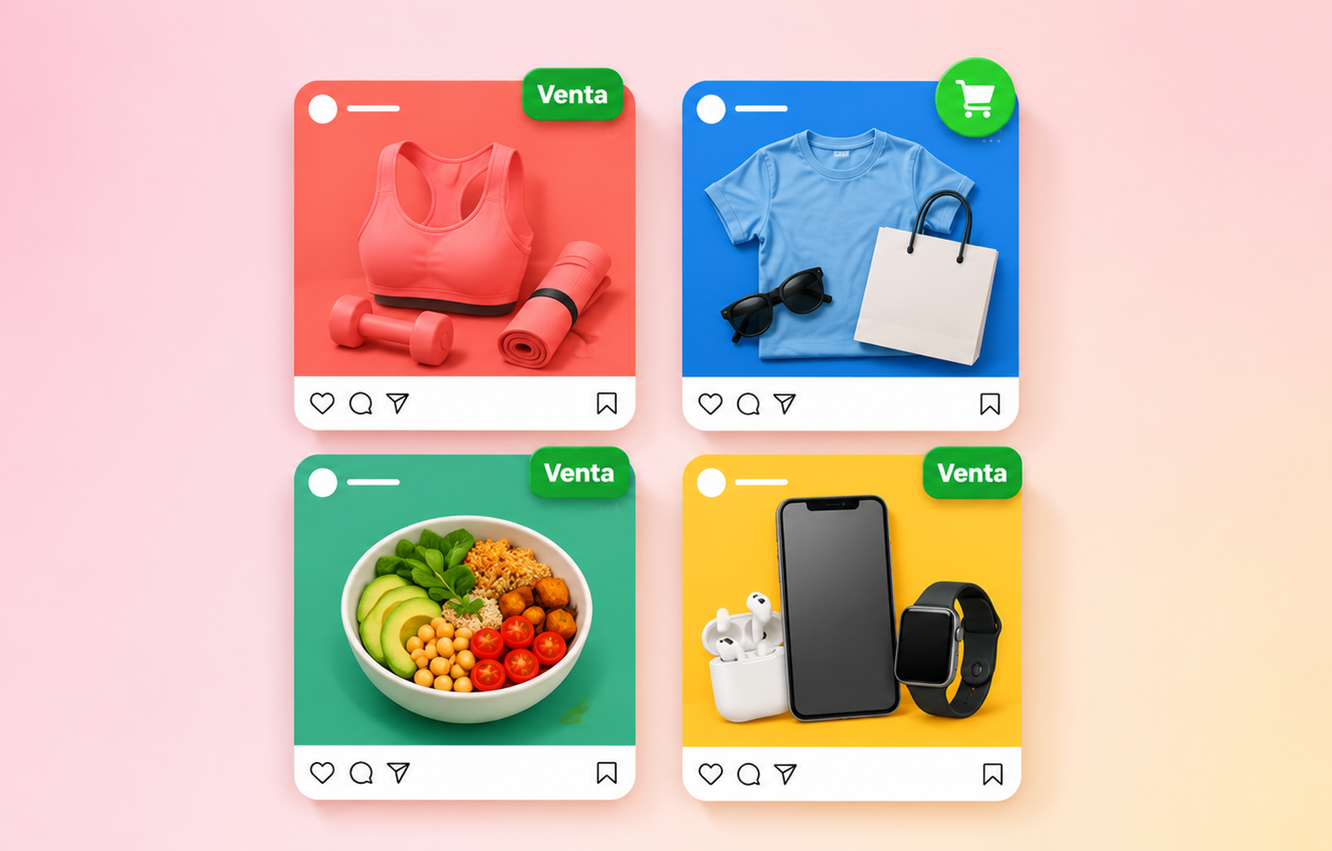 Cuatro anuncios de Instagram con productos de fitness, moda, comida y tecnología, destacados como ventas.