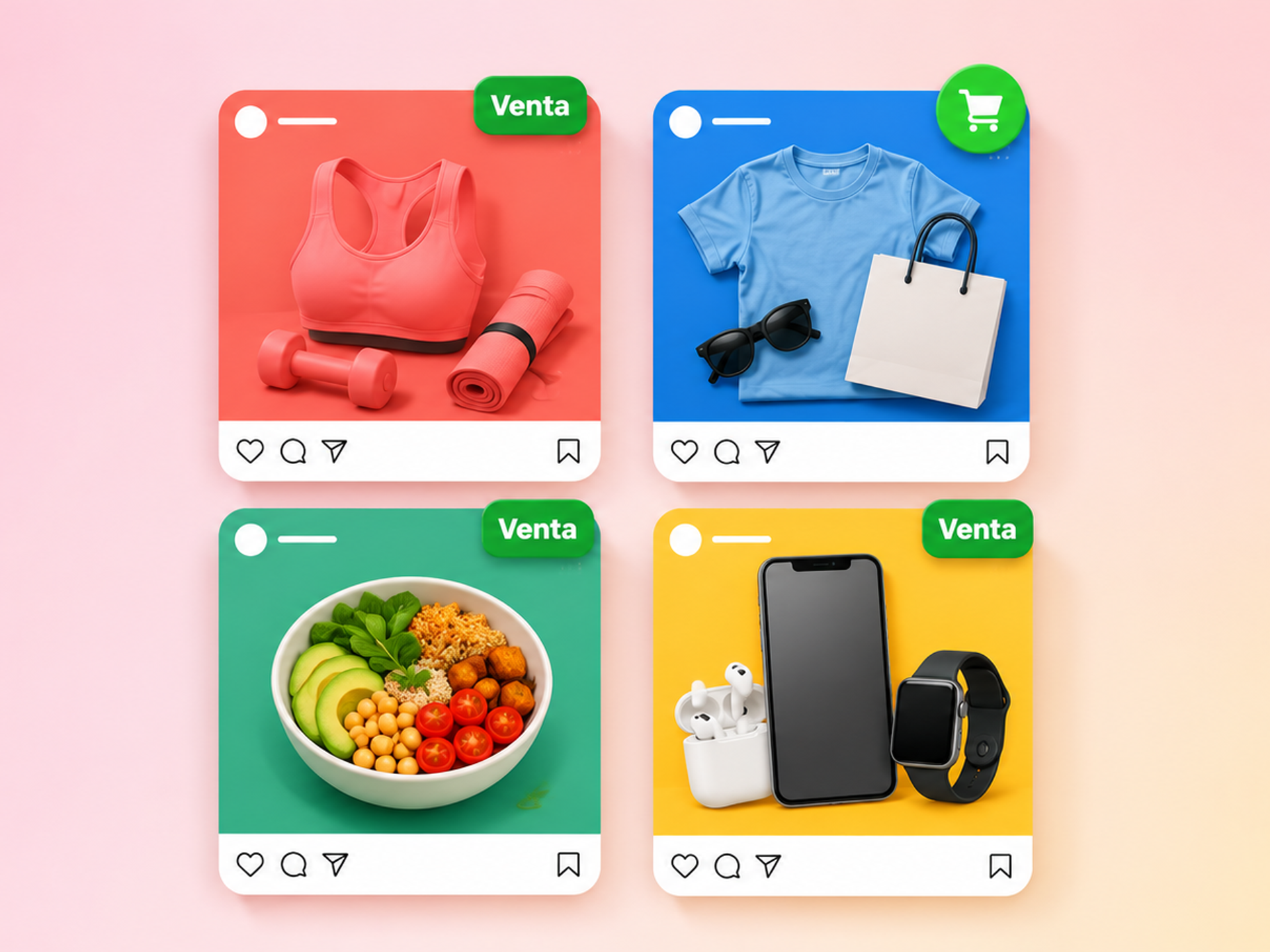 Cuatro anuncios de Instagram con productos de fitness, moda, comida y tecnología, destacados como ventas.