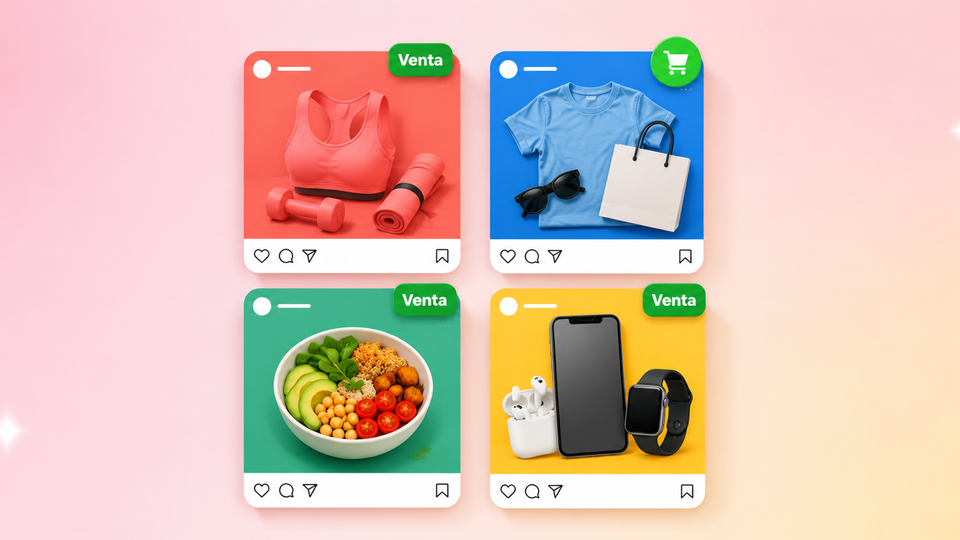 Cuatro anuncios de Instagram con productos de fitness, moda, comida y tecnología, destacados como ventas.
