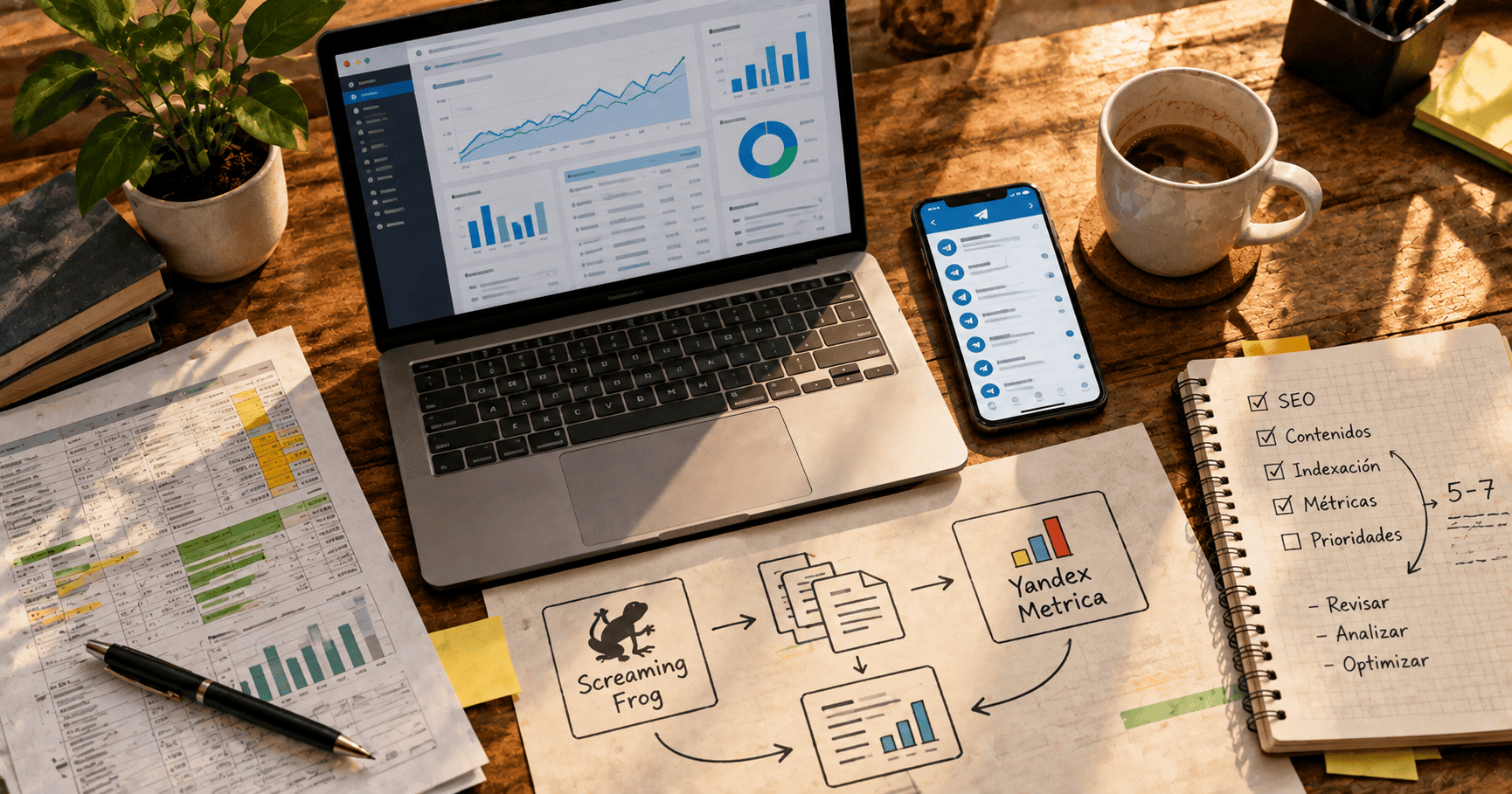 Espacio de trabajo con análisis SEO, métricas, documentos y herramientas digitales.