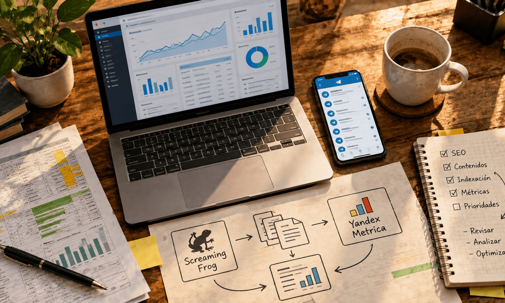 Espacio de trabajo con análisis SEO, métricas, documentos y herramientas digitales.