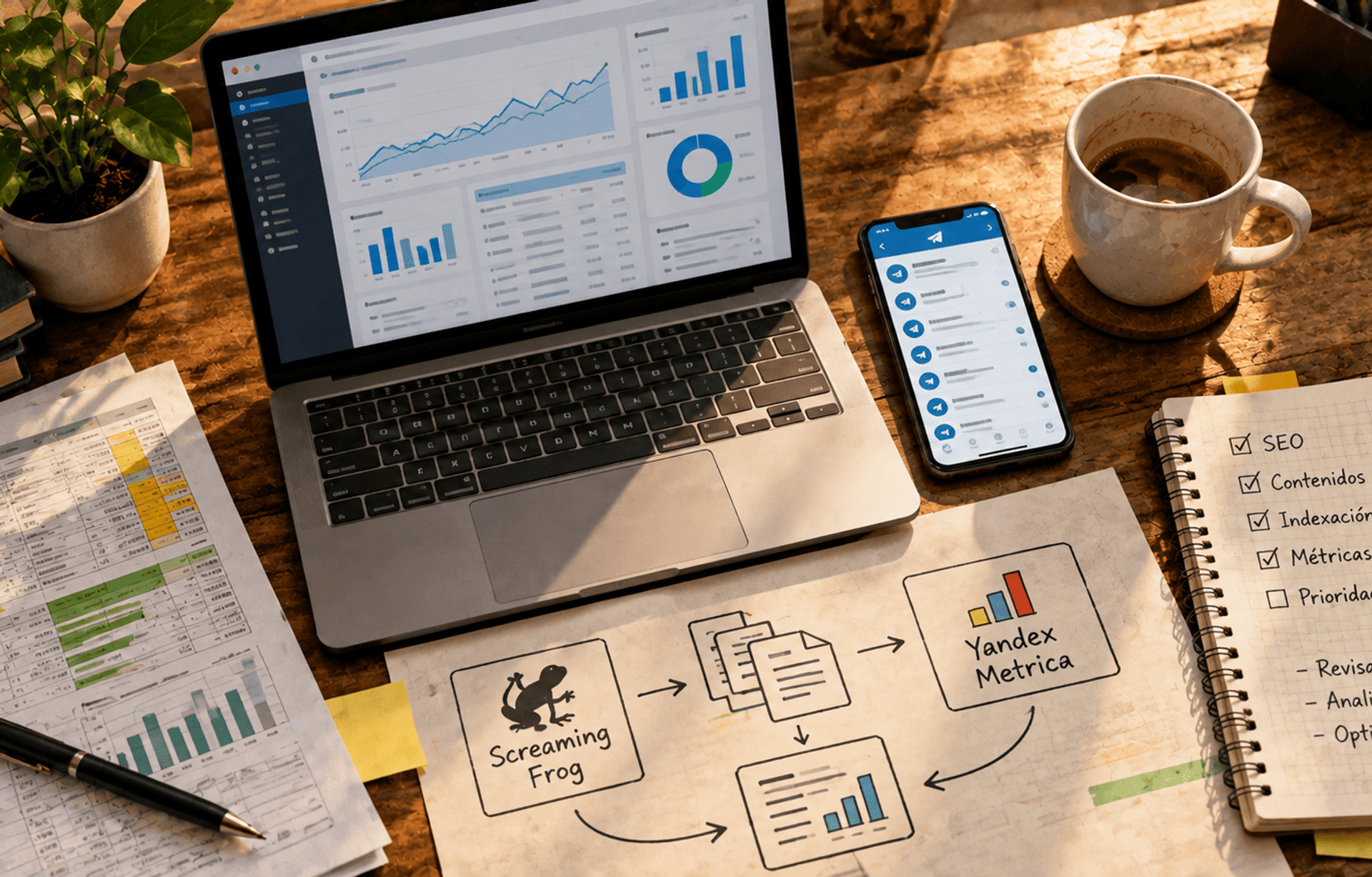Espacio de trabajo con análisis SEO, métricas, documentos y herramientas digitales.