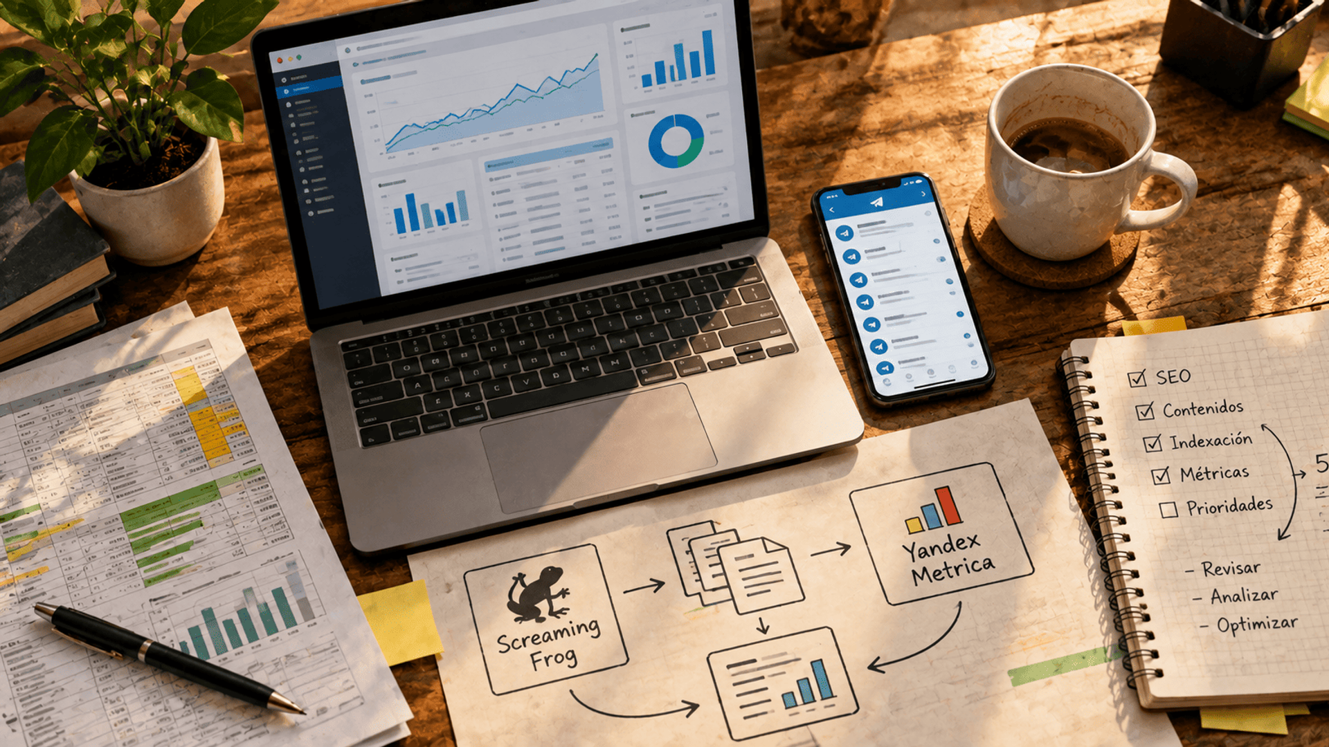 Espacio de trabajo con análisis SEO, métricas, documentos y herramientas digitales.