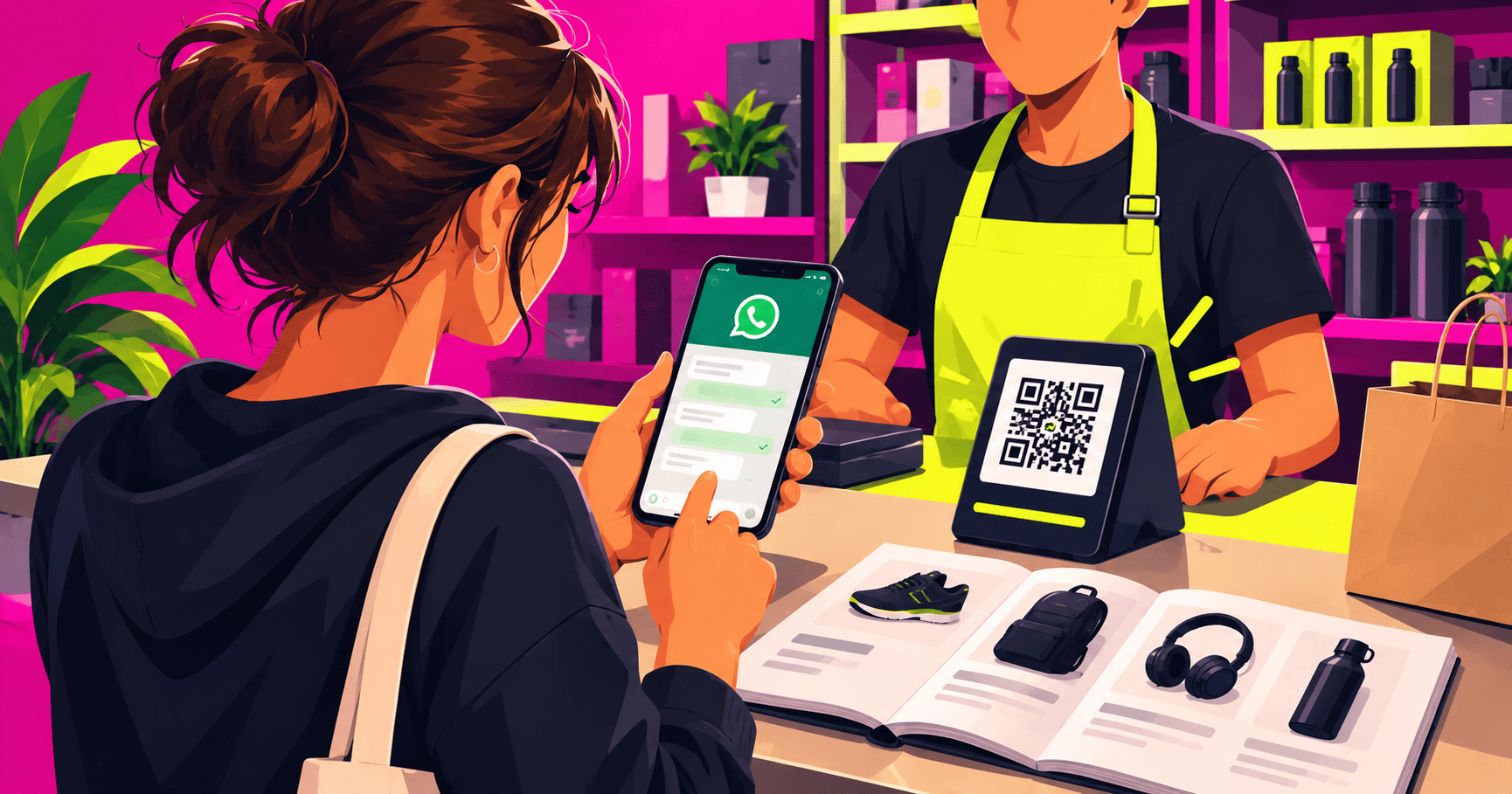Cliente usa WhatsApp y un código QR para realizar una compra en una tienda.