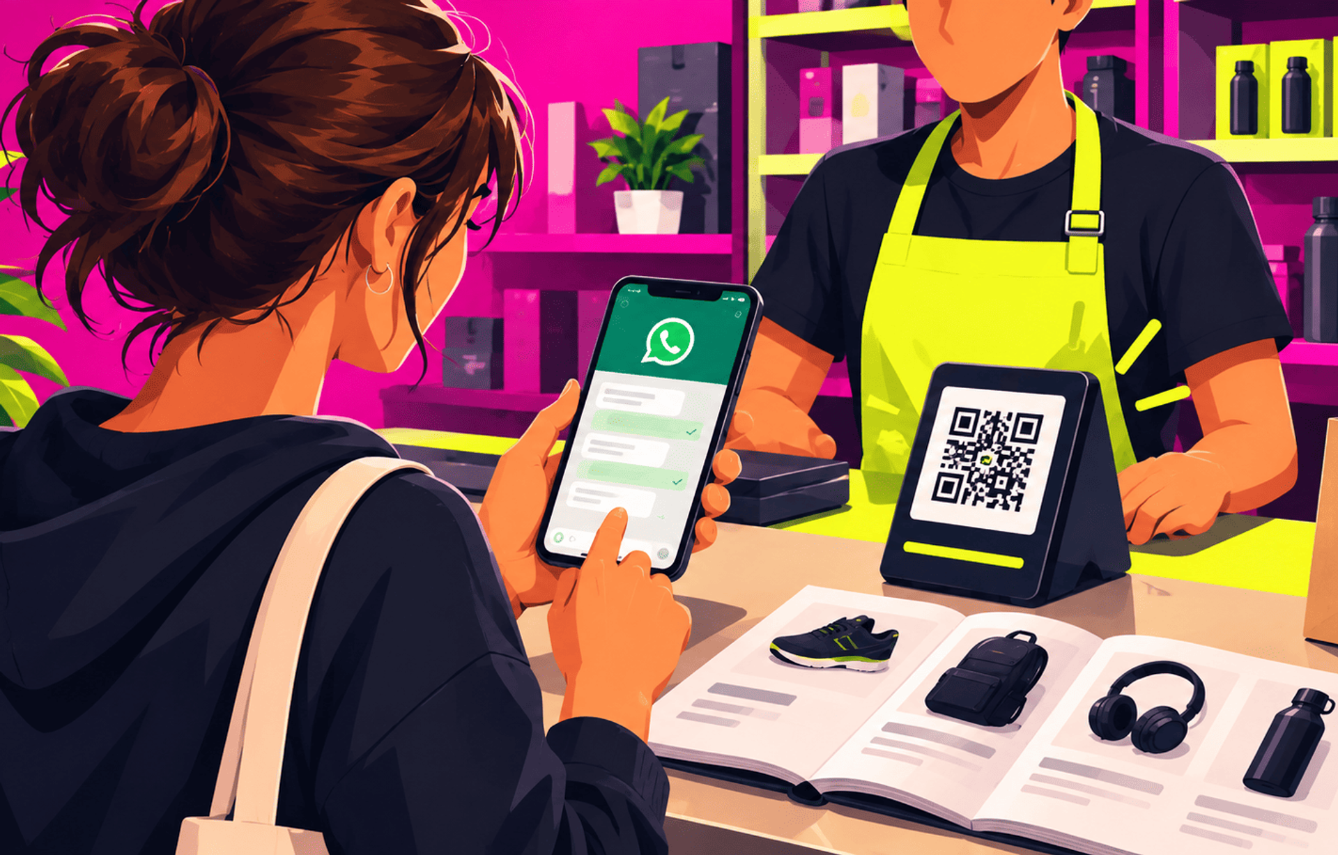Cliente usa WhatsApp y un código QR para realizar una compra en una tienda.