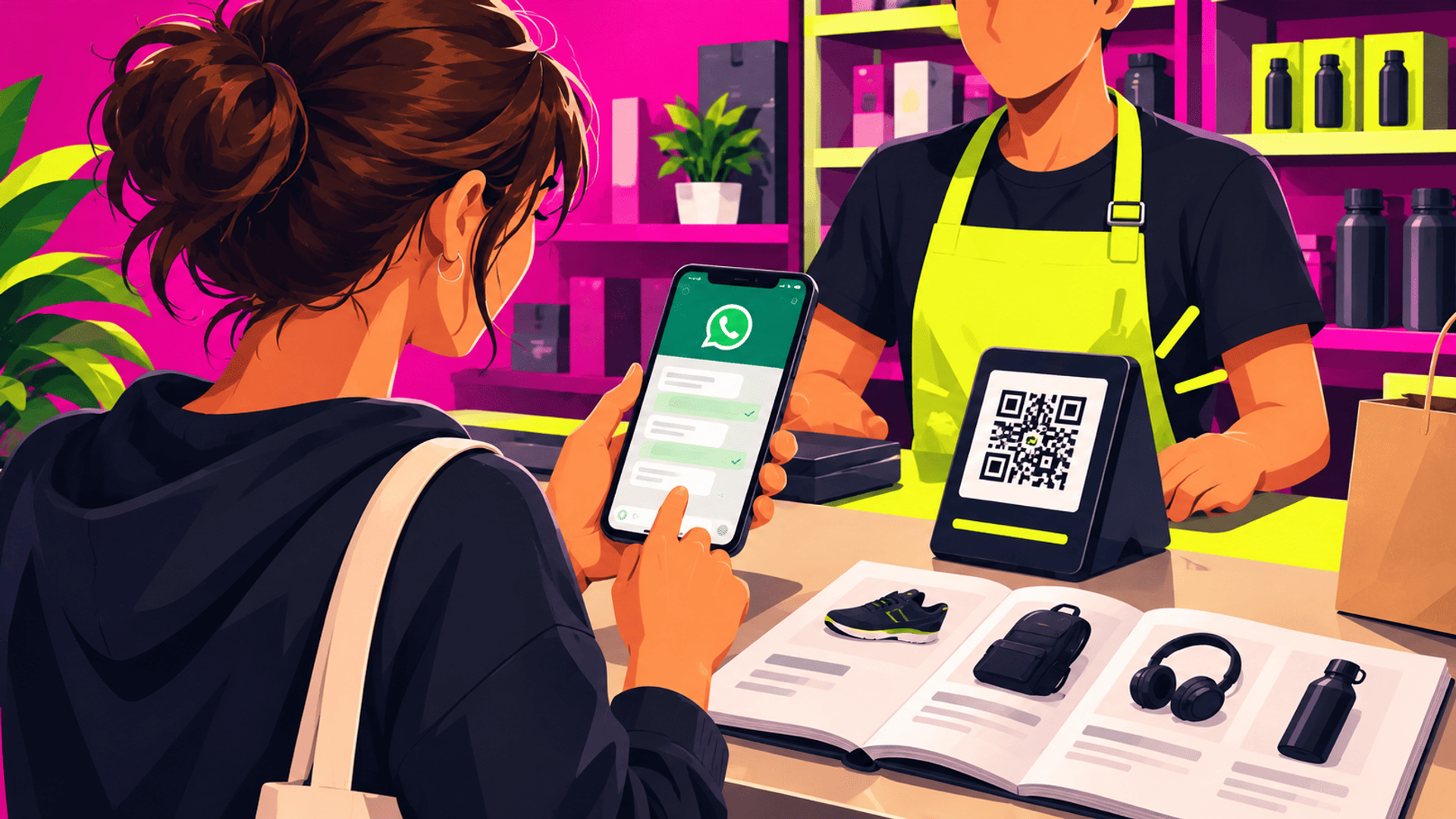 Cliente usa WhatsApp y un código QR para realizar una compra en una tienda.