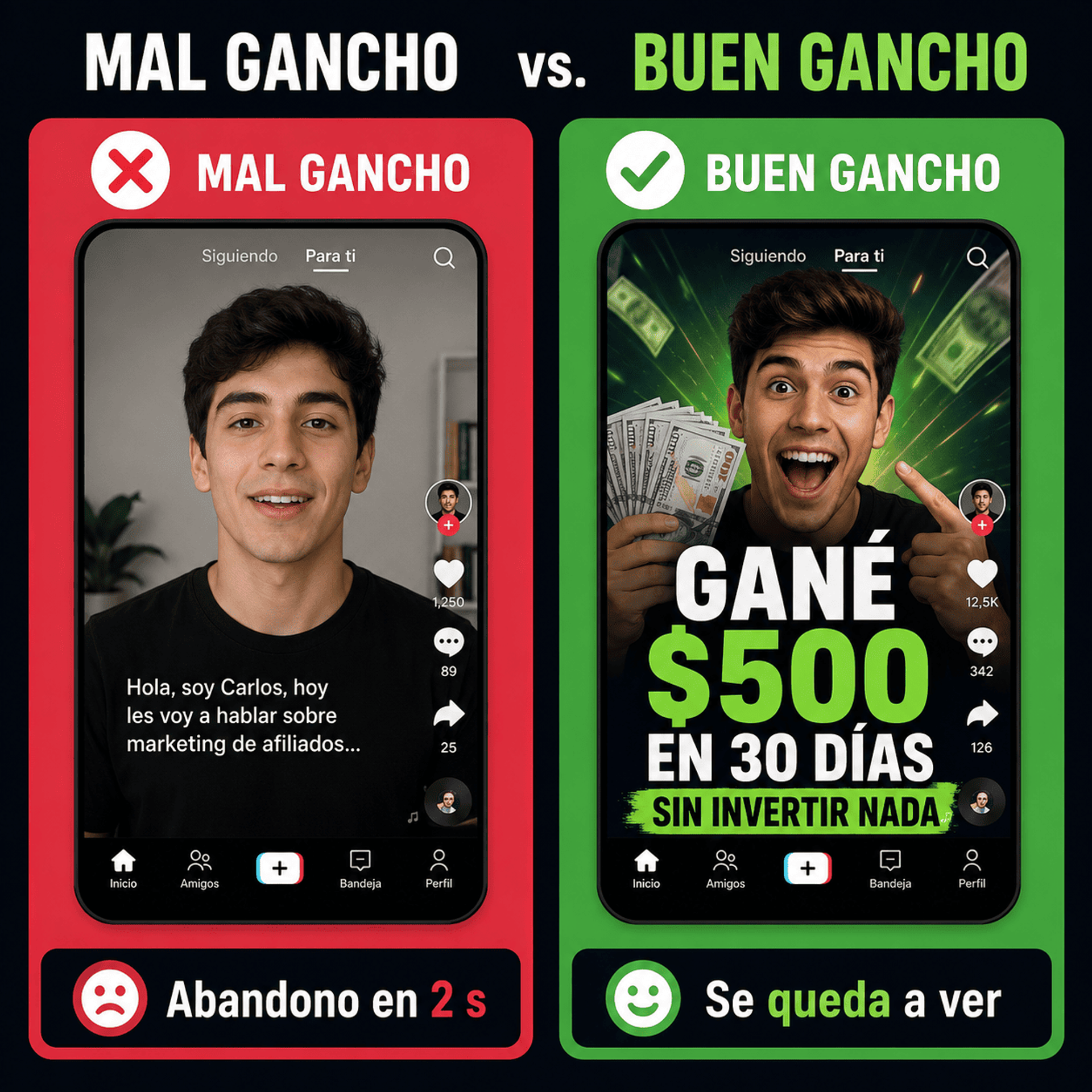 Comparación de gancho débil vs. gancho efectivo para videos de TikTok 