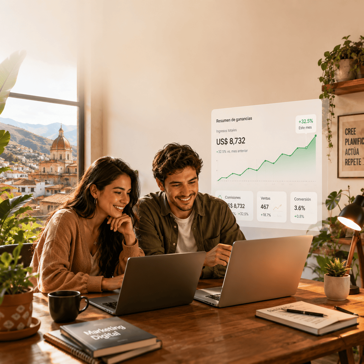 Dos personas jóvenes trabajando juntas en laptops, mirando un gráfico de crecimiento, ambiente cálido de aprendizaje.