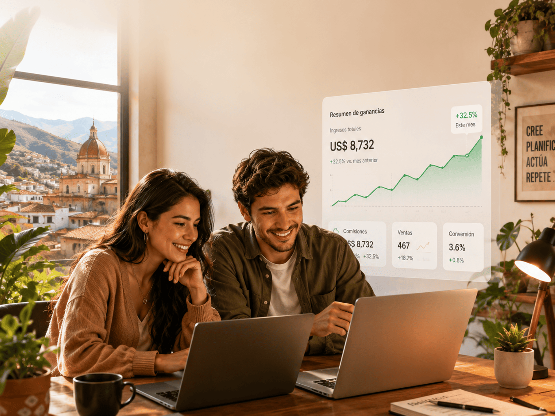 Dos personas jóvenes trabajando juntas en laptops, mirando un gráfico de crecimiento, ambiente cálido de aprendizaje.