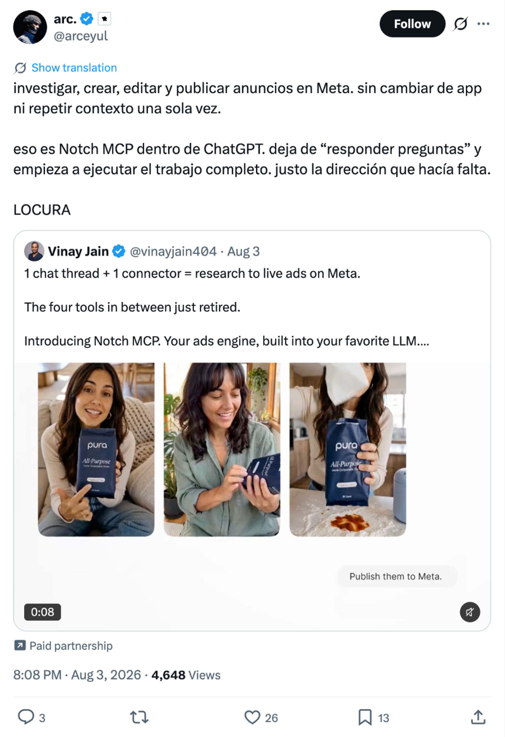 Publicación de @arceyul en X sobre Notch MCP, que permite crear y publicar anuncios en Meta desde ChatGPT