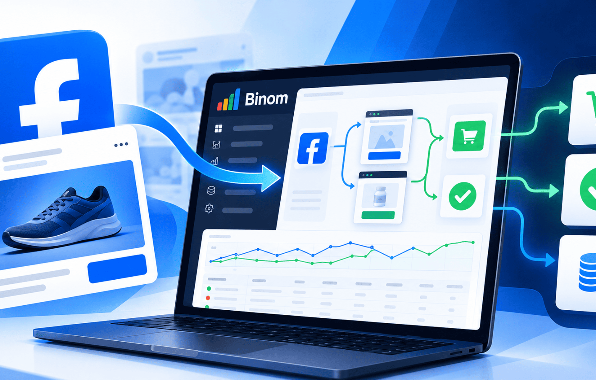 Configuración de Binom para campañas de Facebook Ads con seguimiento de tráfico y conversiones.