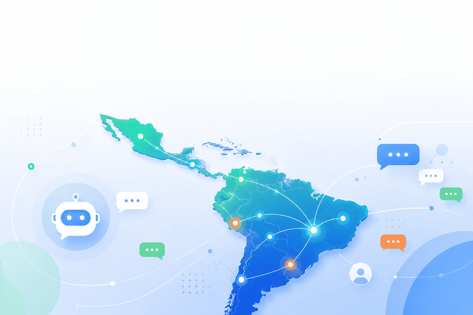 Mapa de América Latina con conexiones digitales y chatbots que simbolizan la expansión de una plataforma para pymes.