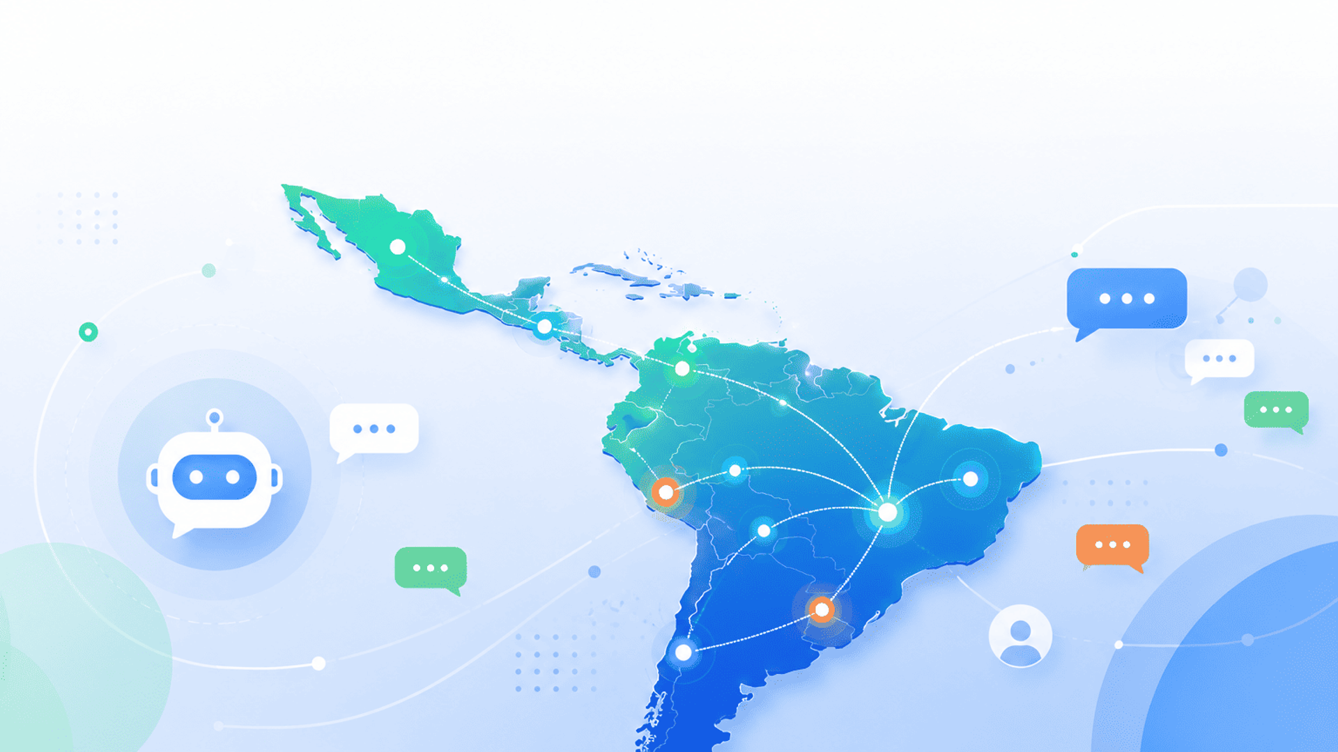 Mapa de América Latina con conexiones digitales y chatbots que simbolizan la expansión de una plataforma para pymes.