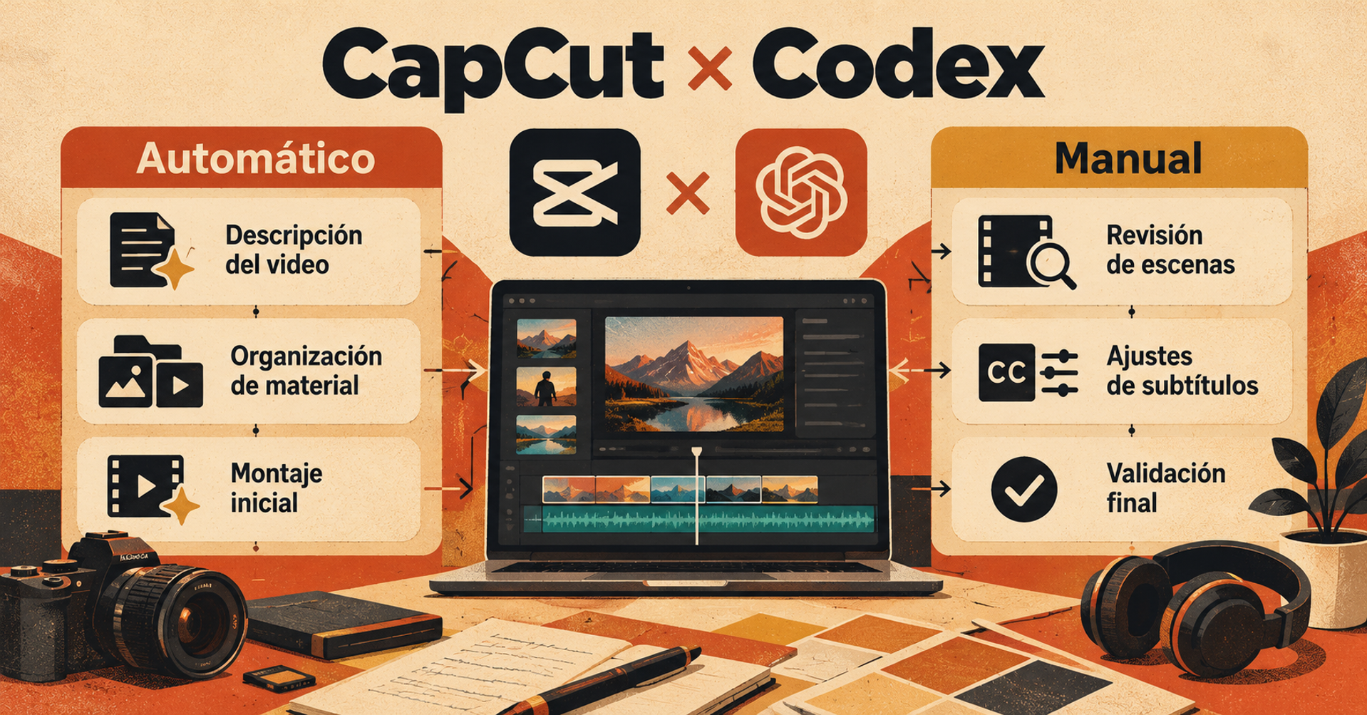 Flujo de trabajo de CapCut y Codex que combina edición automática y revisión manual de video.