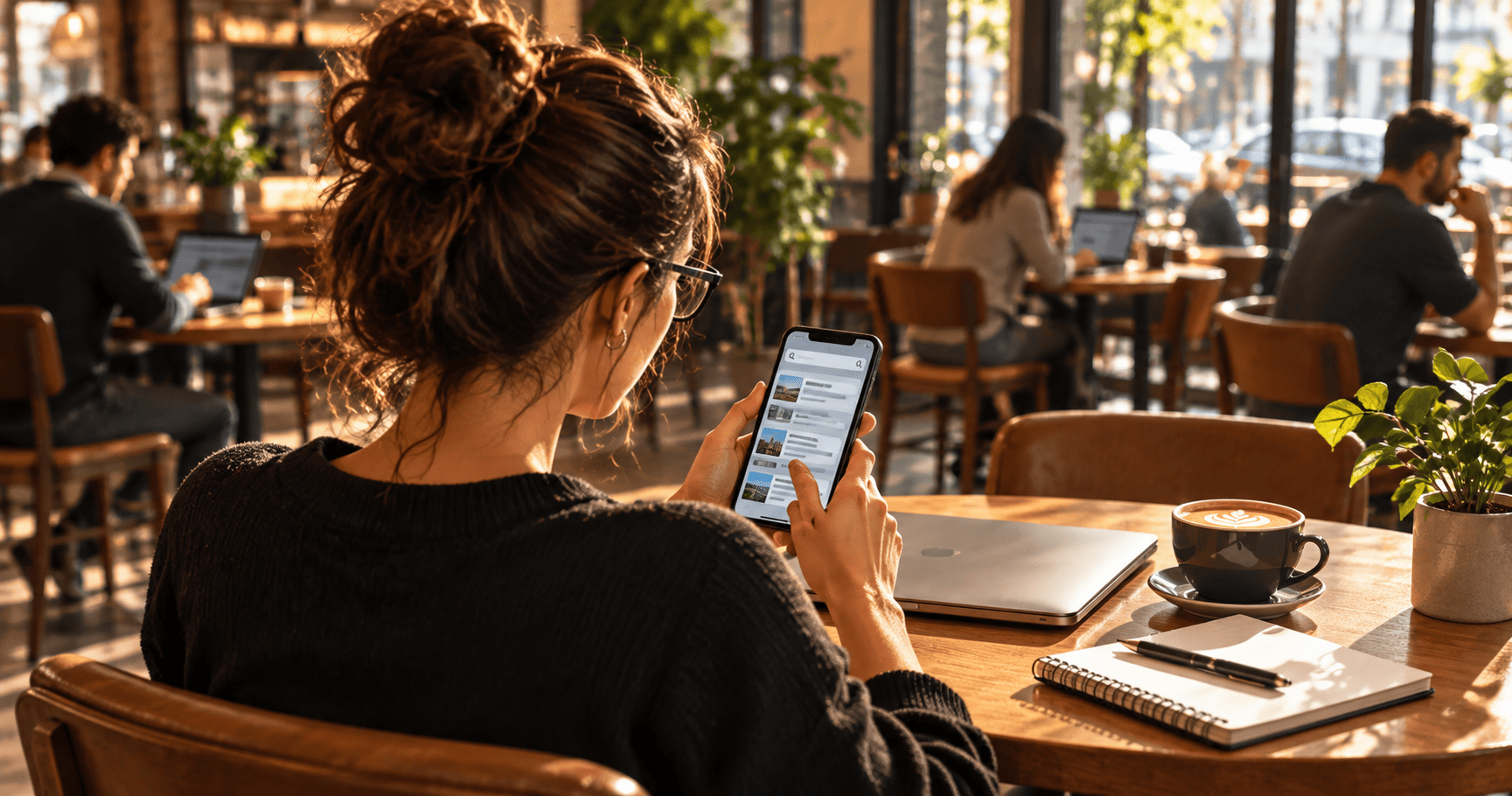 Mujer consulta información en su smartphone mientras trabaja con un portátil en una cafetería.