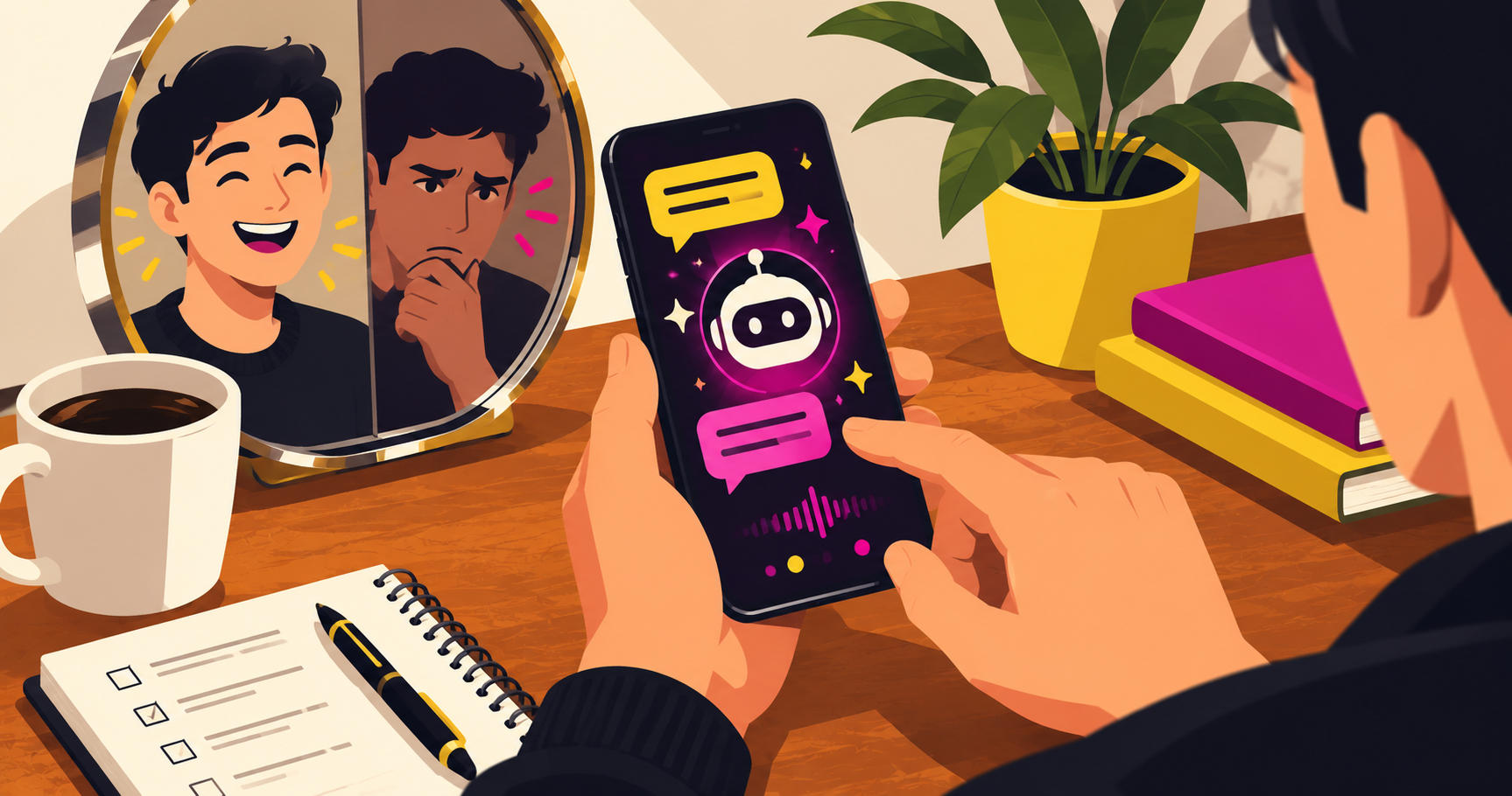 Interacción con una aplicación de IA en smartphone que refleja emociones positivas y dudas del usuario.