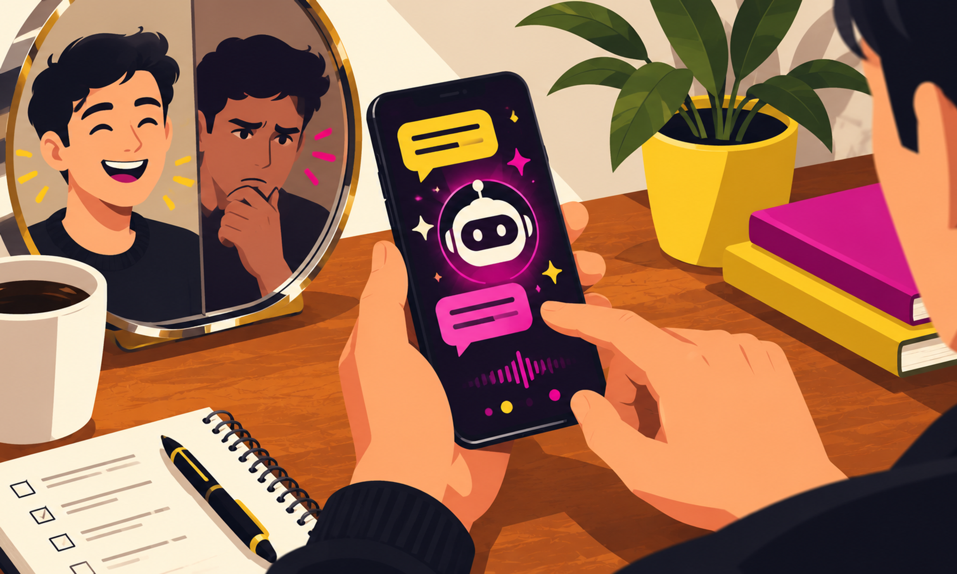 Interacción con una aplicación de IA en smartphone que refleja emociones positivas y dudas del usuario.