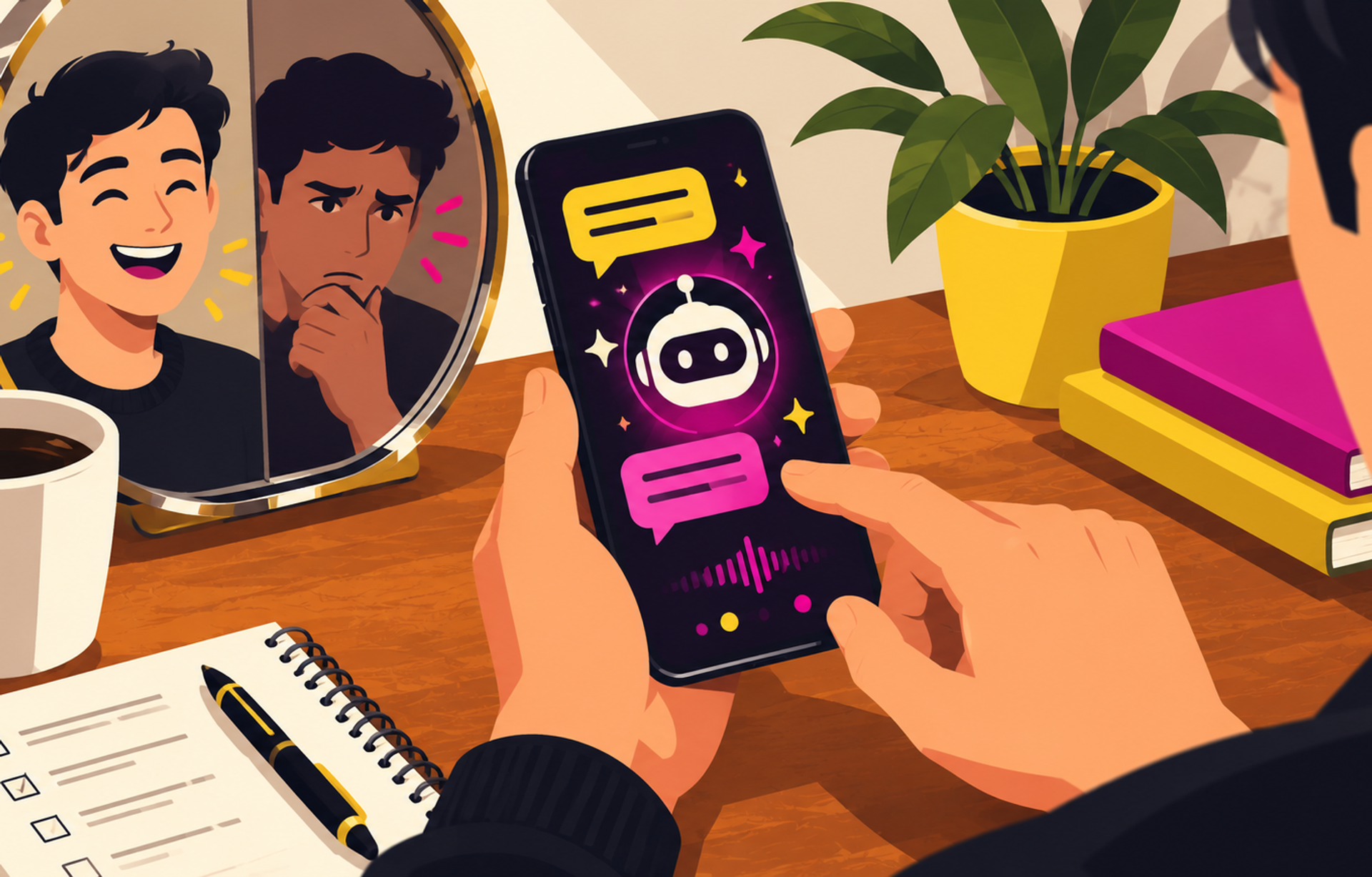 Interacción con una aplicación de IA en smartphone que refleja emociones positivas y dudas del usuario.