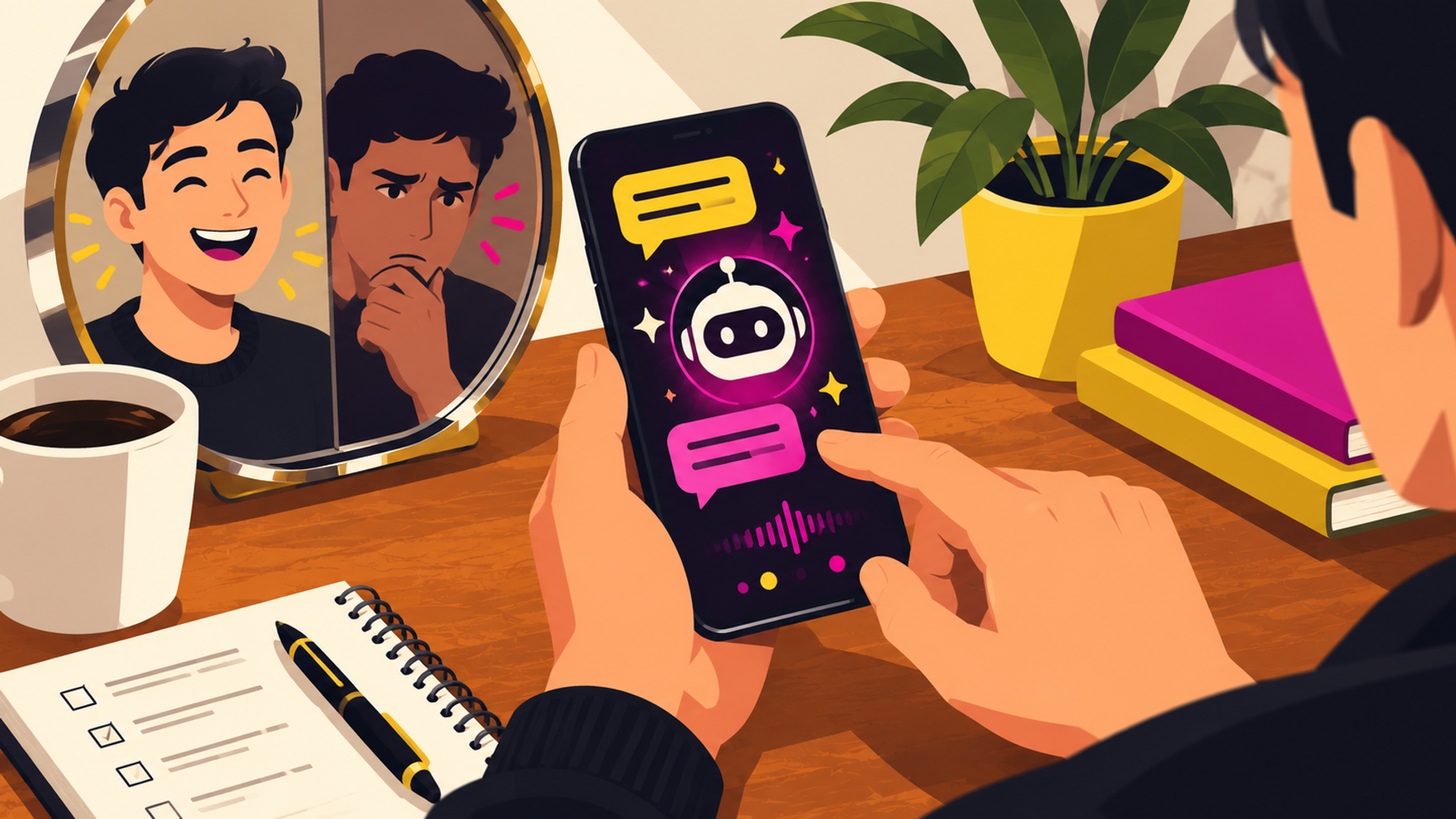 Interacción con una aplicación de IA en smartphone que refleja emociones positivas y dudas del usuario.