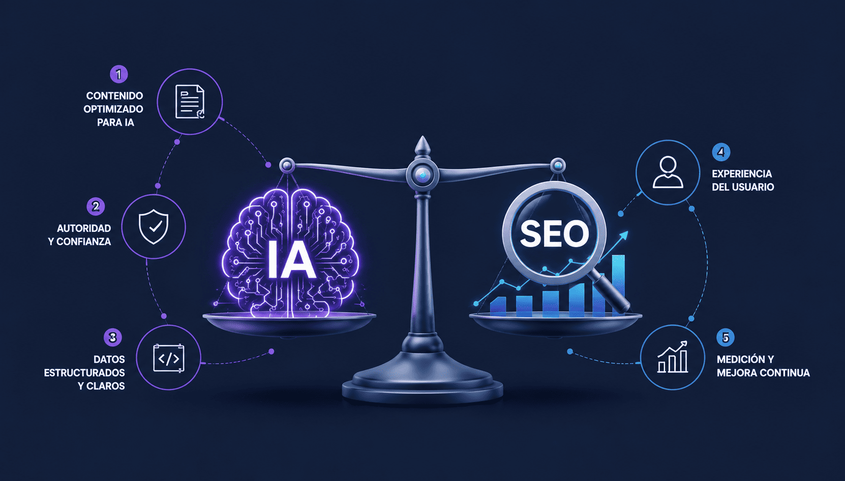 Ilustración conceptual con una balanza que equilibra inteligencia artificial y SEO mediante cinco estrategias de visibilidad.