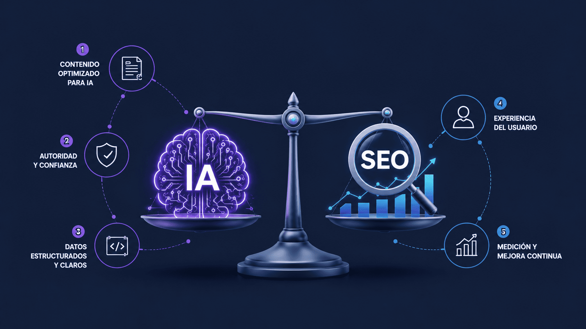 Ilustración conceptual con una balanza que equilibra inteligencia artificial y SEO mediante cinco estrategias de visibilidad.