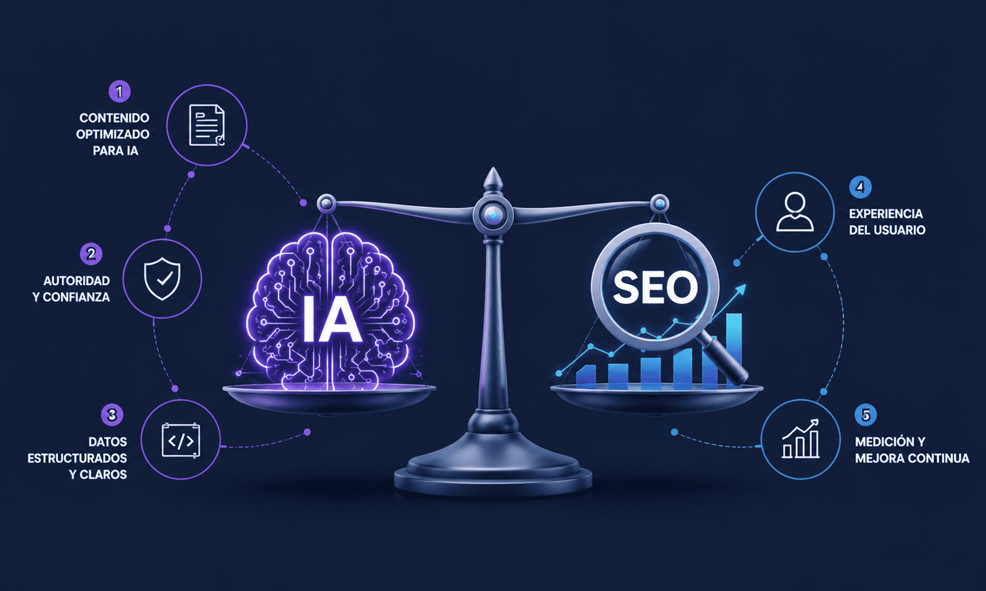 Ilustración conceptual con una balanza que equilibra inteligencia artificial y SEO mediante cinco estrategias de visibilidad.